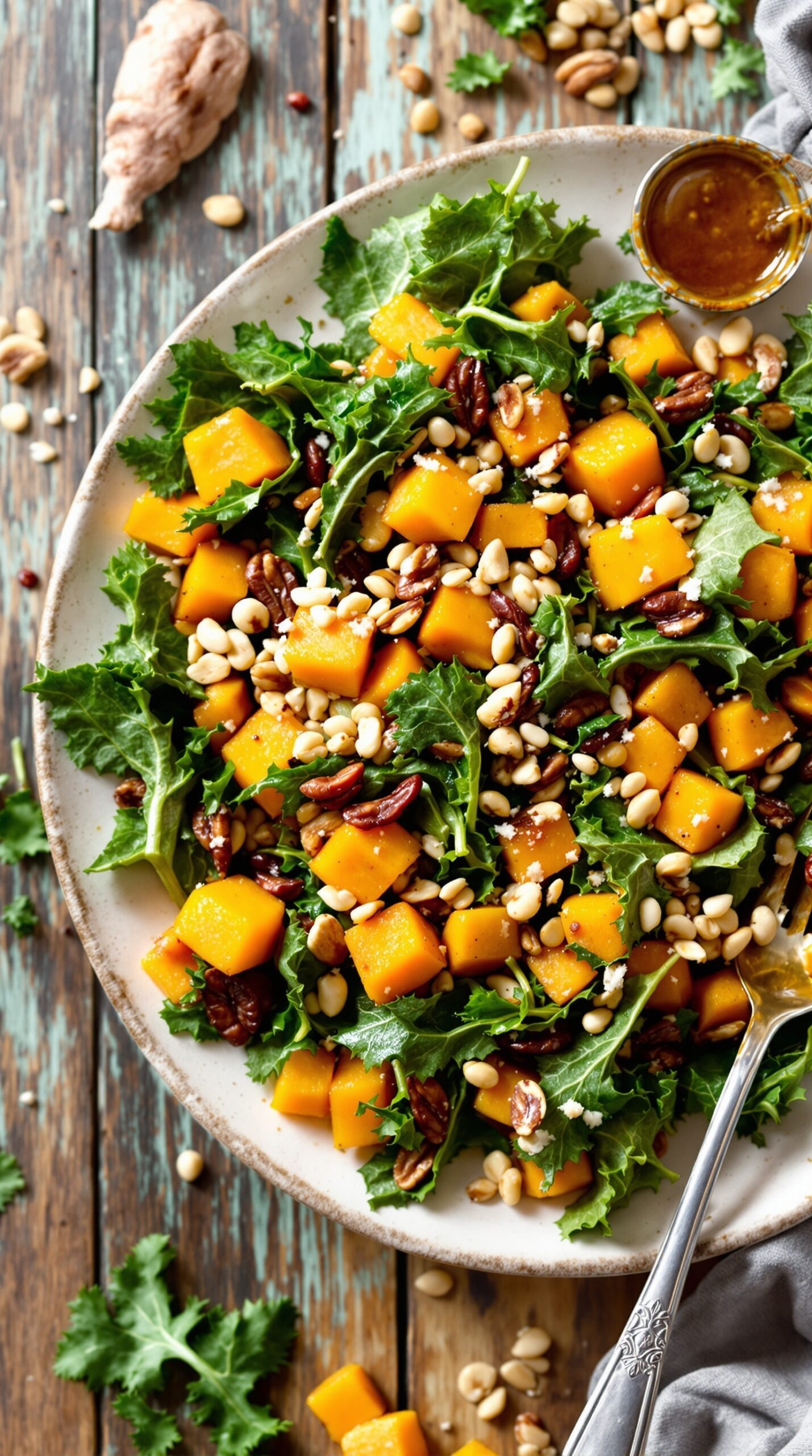 A colorful roasted butternut squash salad with kale, nuts, and dressing on a rustic wooden table.