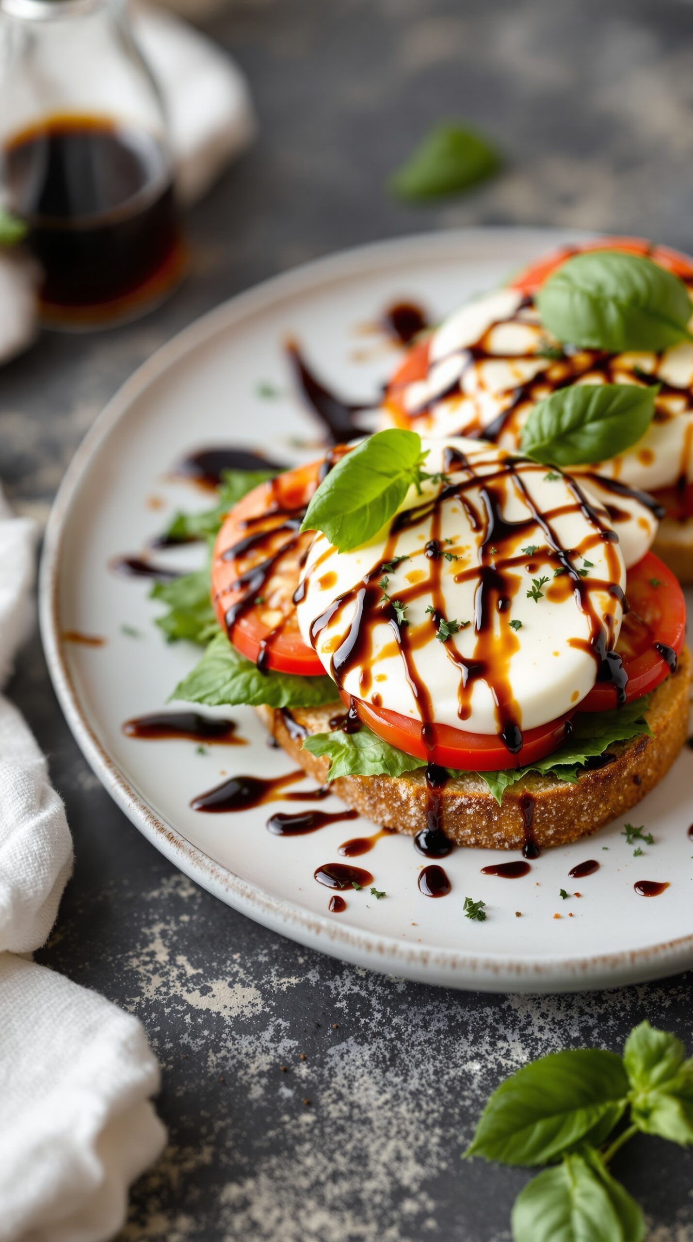A Caprese sandwich with fresh mozzarella, tomatoes, and basil drizzled with balsamic glaze.