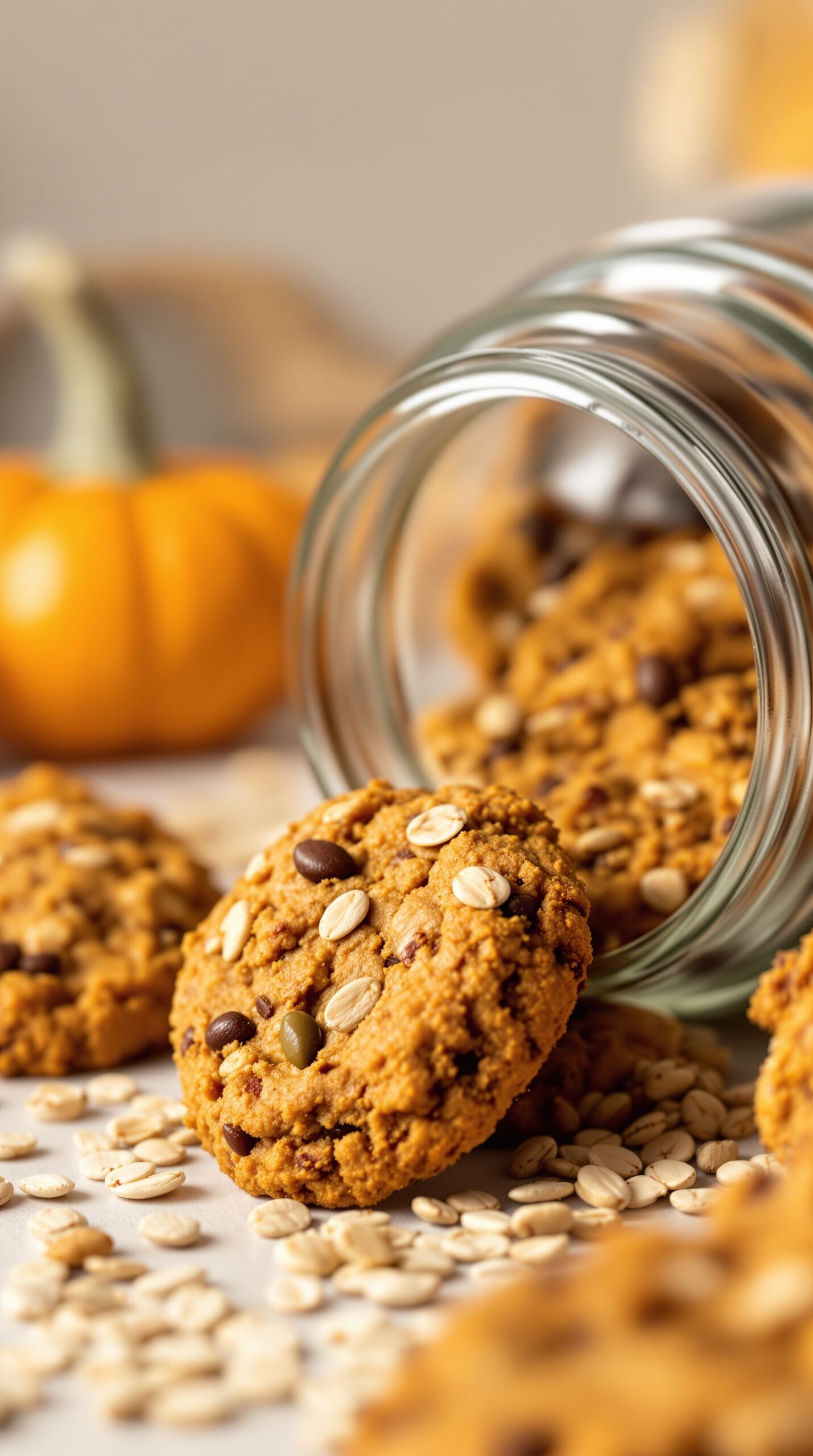 A jar of pumpkin oatmeal cookies with chocolate chips and oats, surrounded by scattered oats and a small pumpkin.