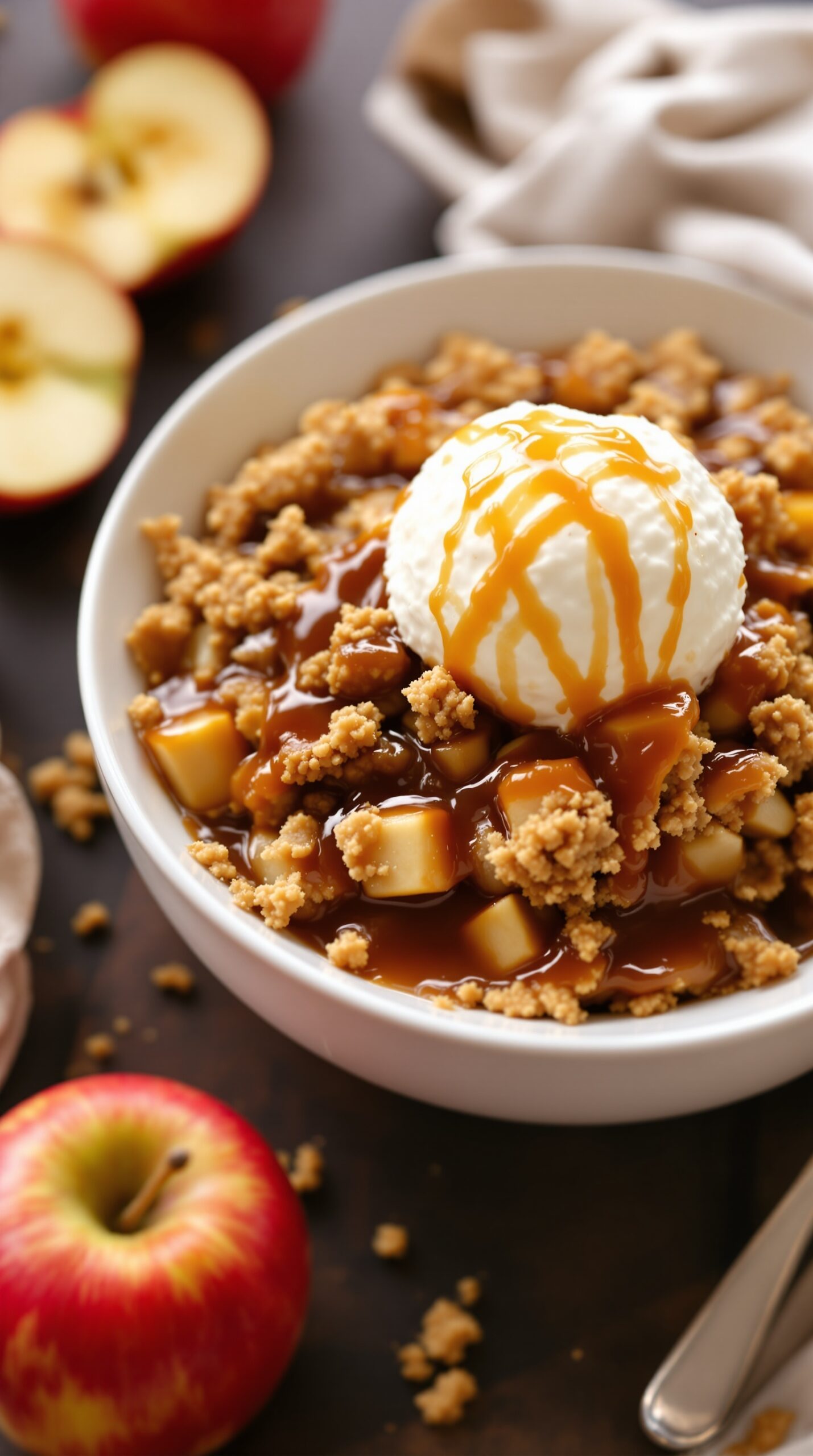 A bowl of caramel drizzled apple crisp topped with vanilla ice cream and caramel sauce.