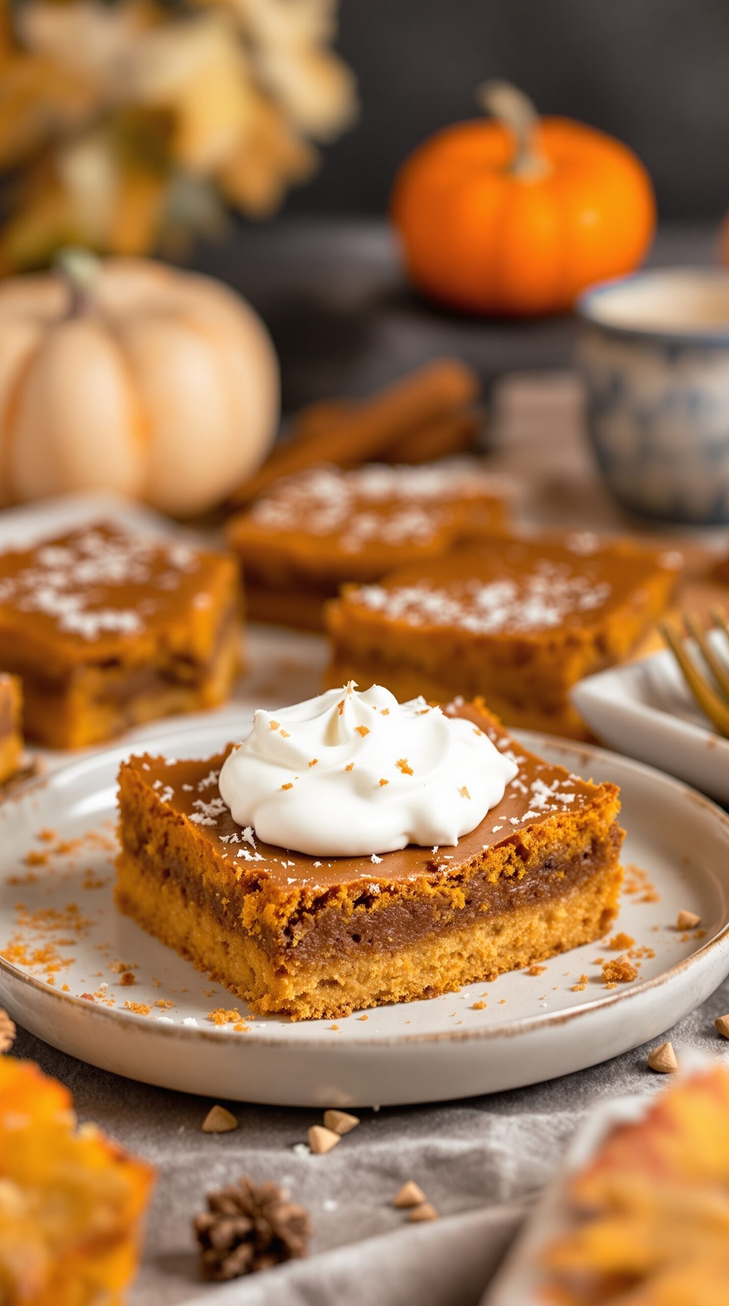 Delicious spiced pumpkin bars topped with whipped coconut cream, surrounded by autumn decorations.