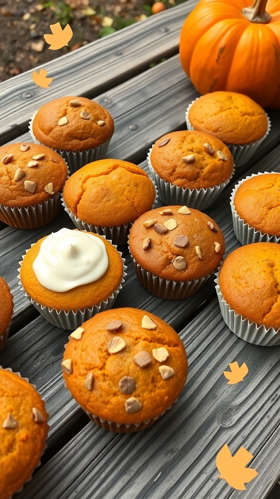 A variety of mini pumpkin muffins on a wooden table, some topped with chocolate chips and a creamy frosting, with a pumpkin in the background.
