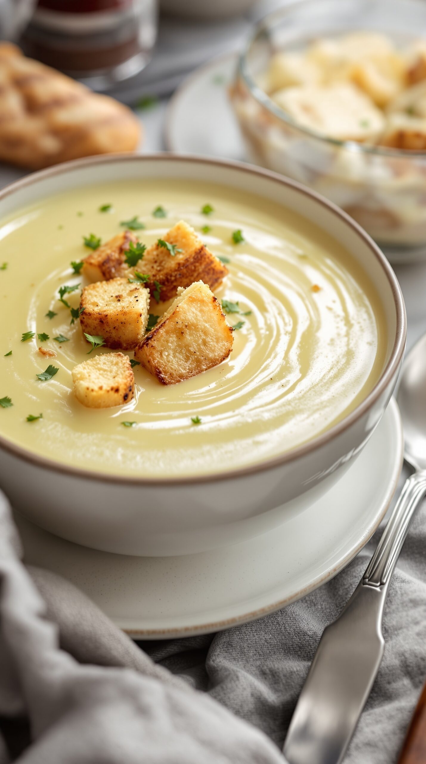 A bowl of creamy potato leek soup topped with croutons and parsley.