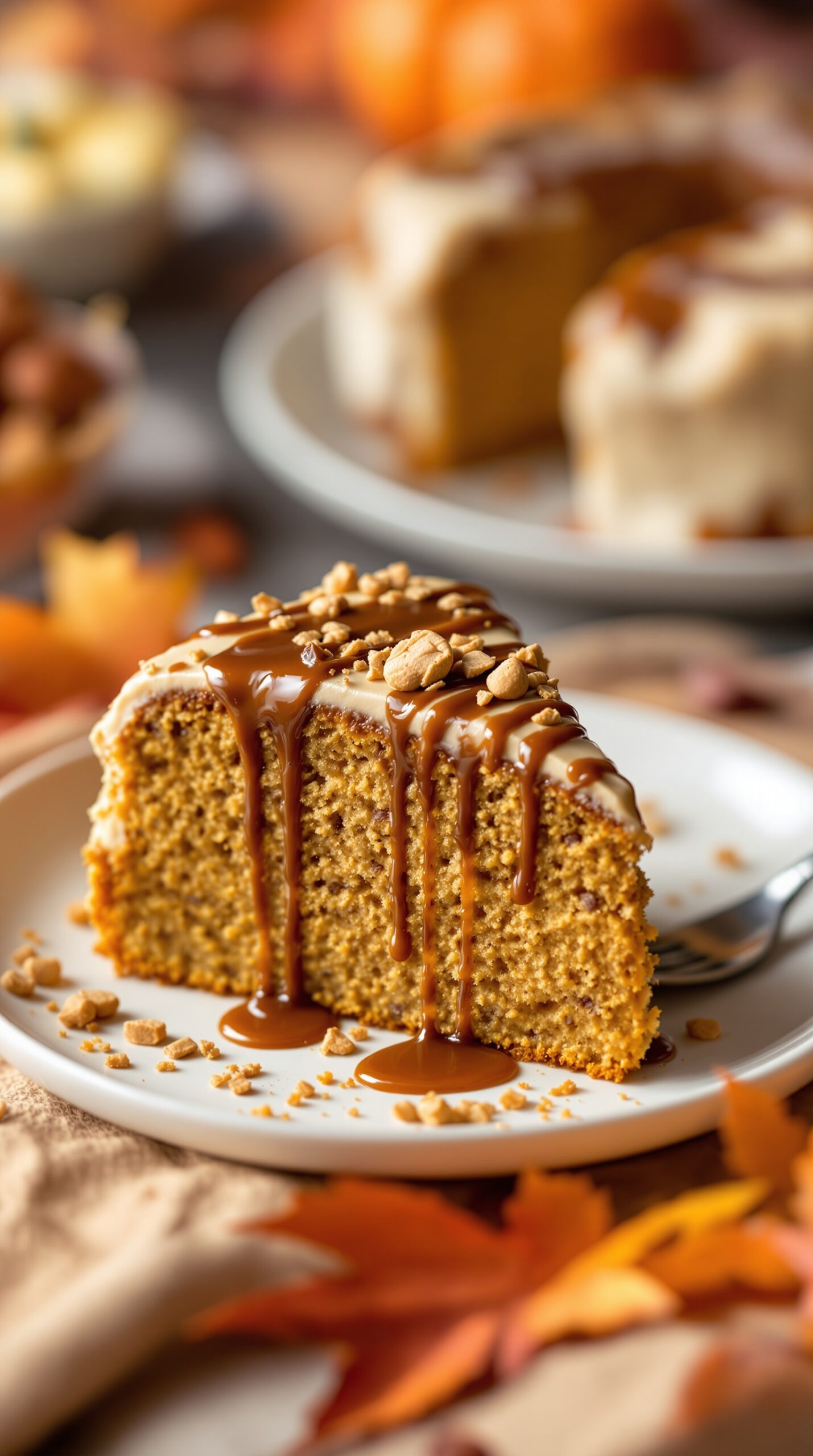 A slice of pumpkin spice latte cake topped with caramel and nuts, surrounded by autumn leaves and pumpkins.