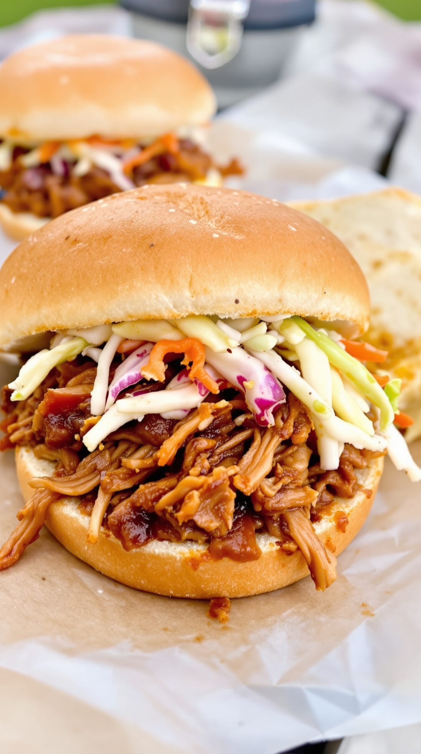 A close-up of a pulled pork sandwich with coleslaw on a bun.