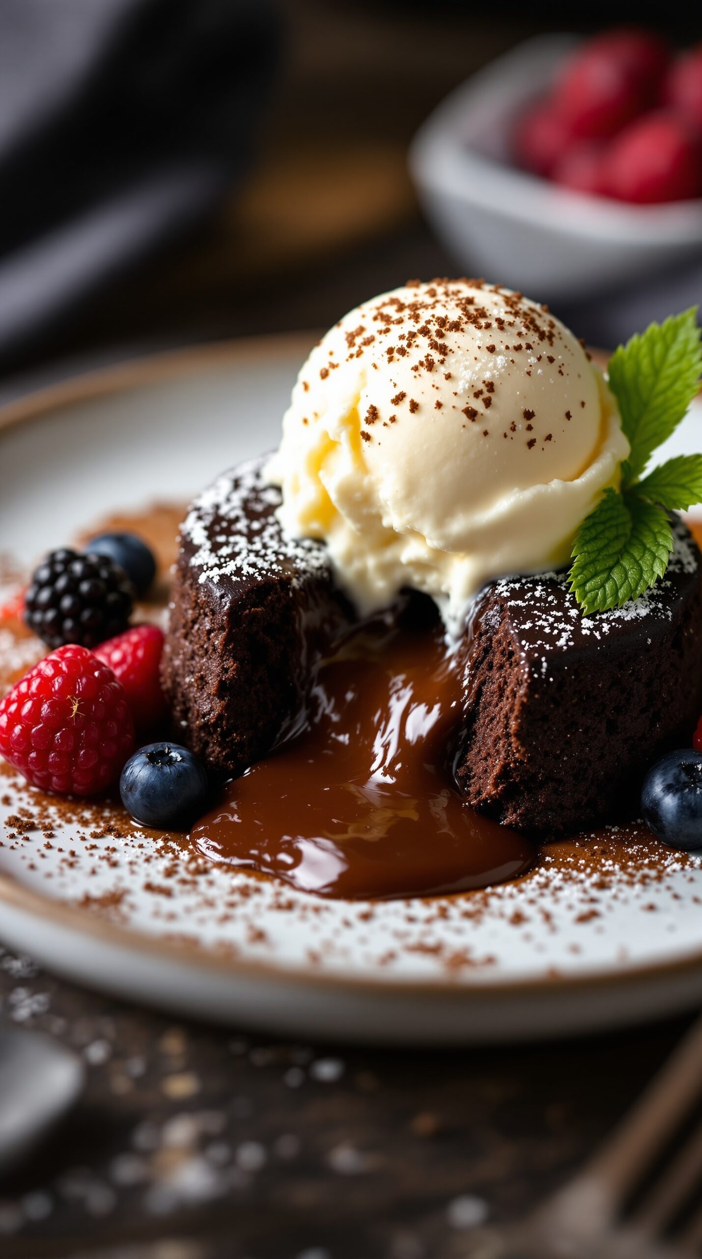 A delicious chocolate lava cake with melting chocolate center, topped with vanilla ice cream and surrounded by fresh berries.