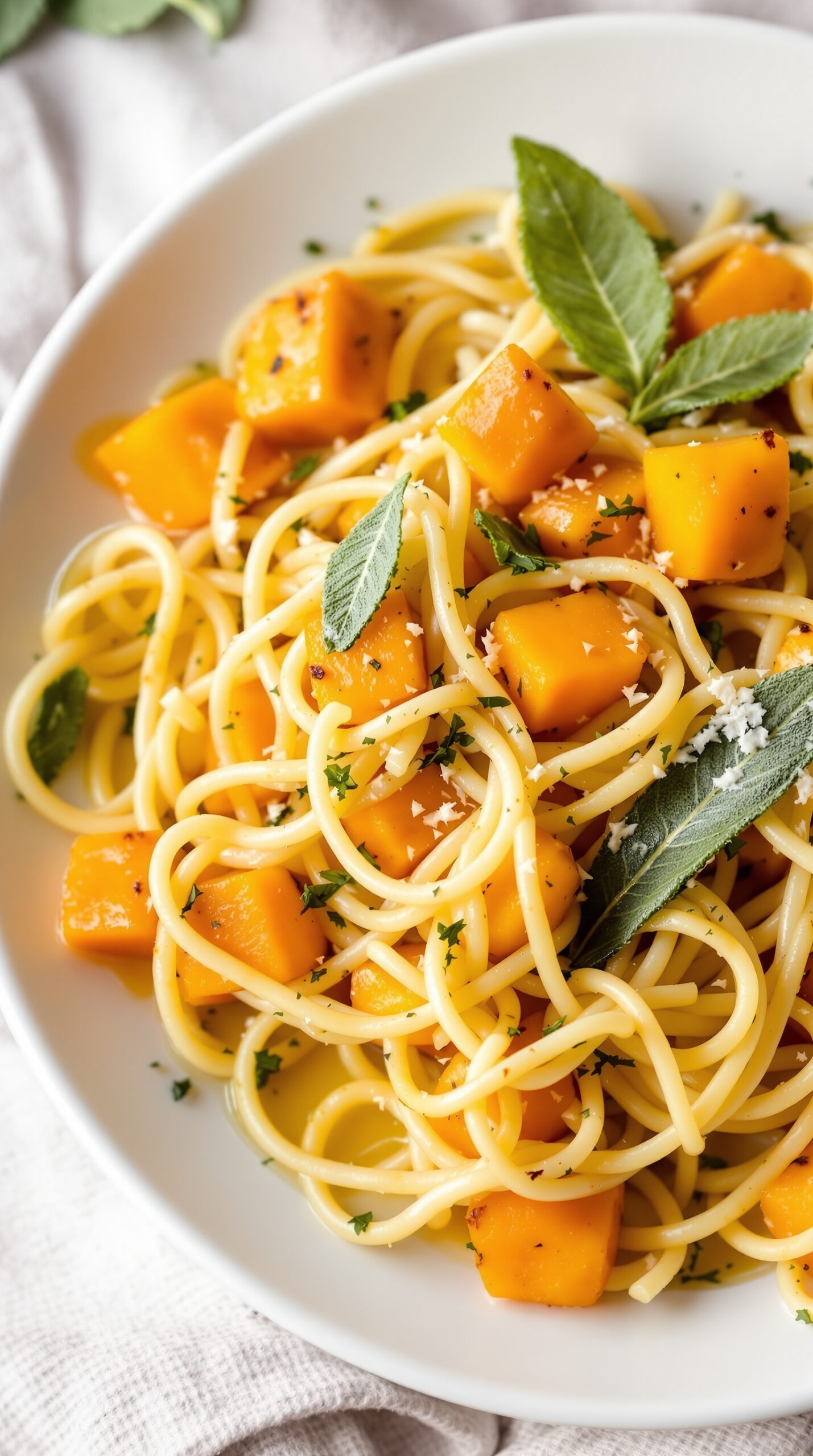 A bowl of butternut squash and sage pasta with diced squash and fresh sage leaves on top.