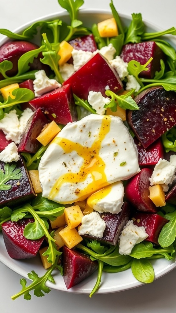 A vibrant salad featuring roasted beets, goat cheese, and arugula.