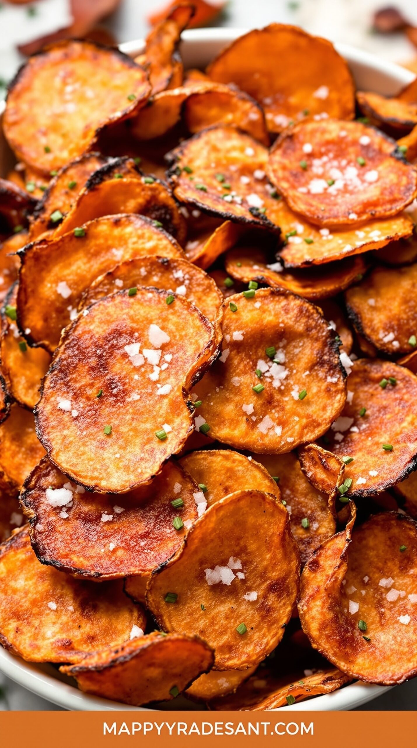 A bowl of crispy baked sweet potato chips garnished with salt and herbs.