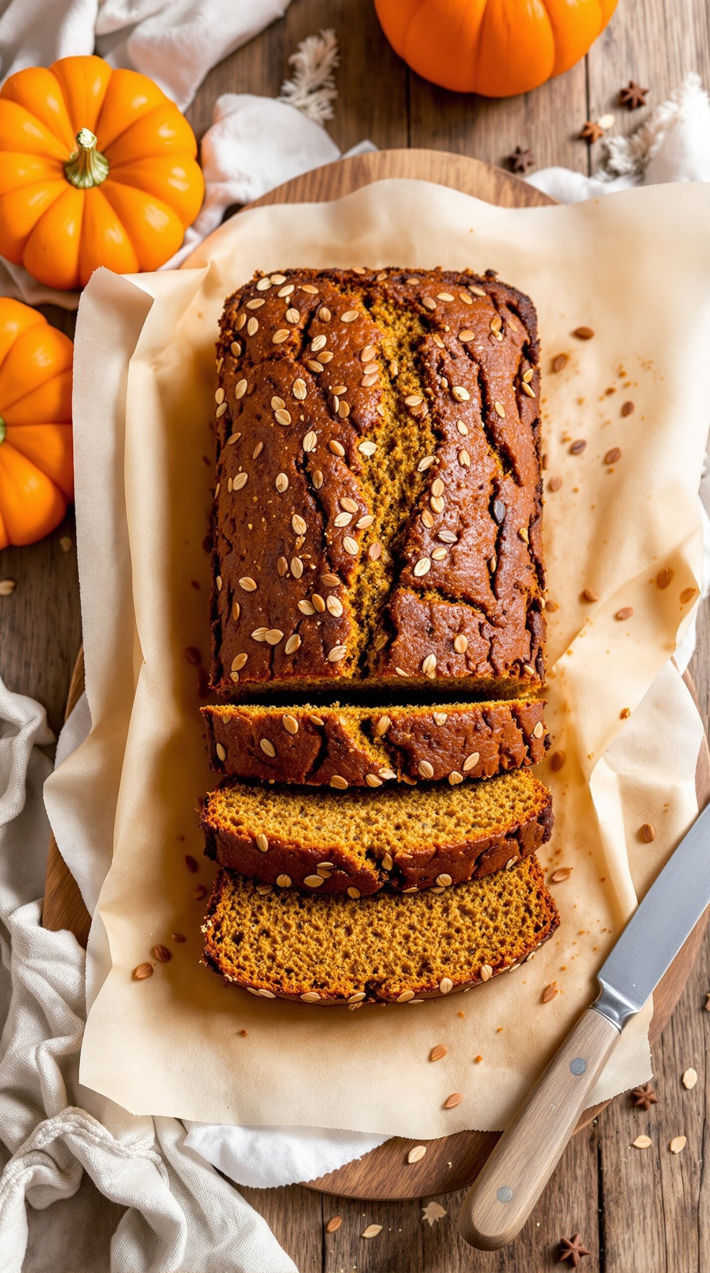 Vegan pumpkin bread with flaxseed, sliced and topped with pumpkin seeds, surrounded by small pumpkins.