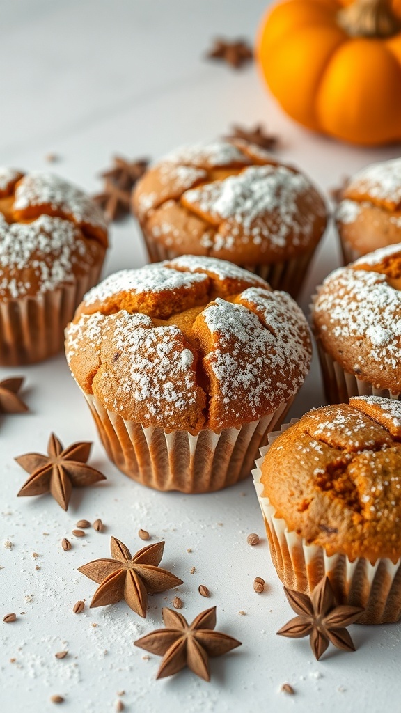 Chai-spiced pumpkin muffins with powdered sugar and star anise decorations