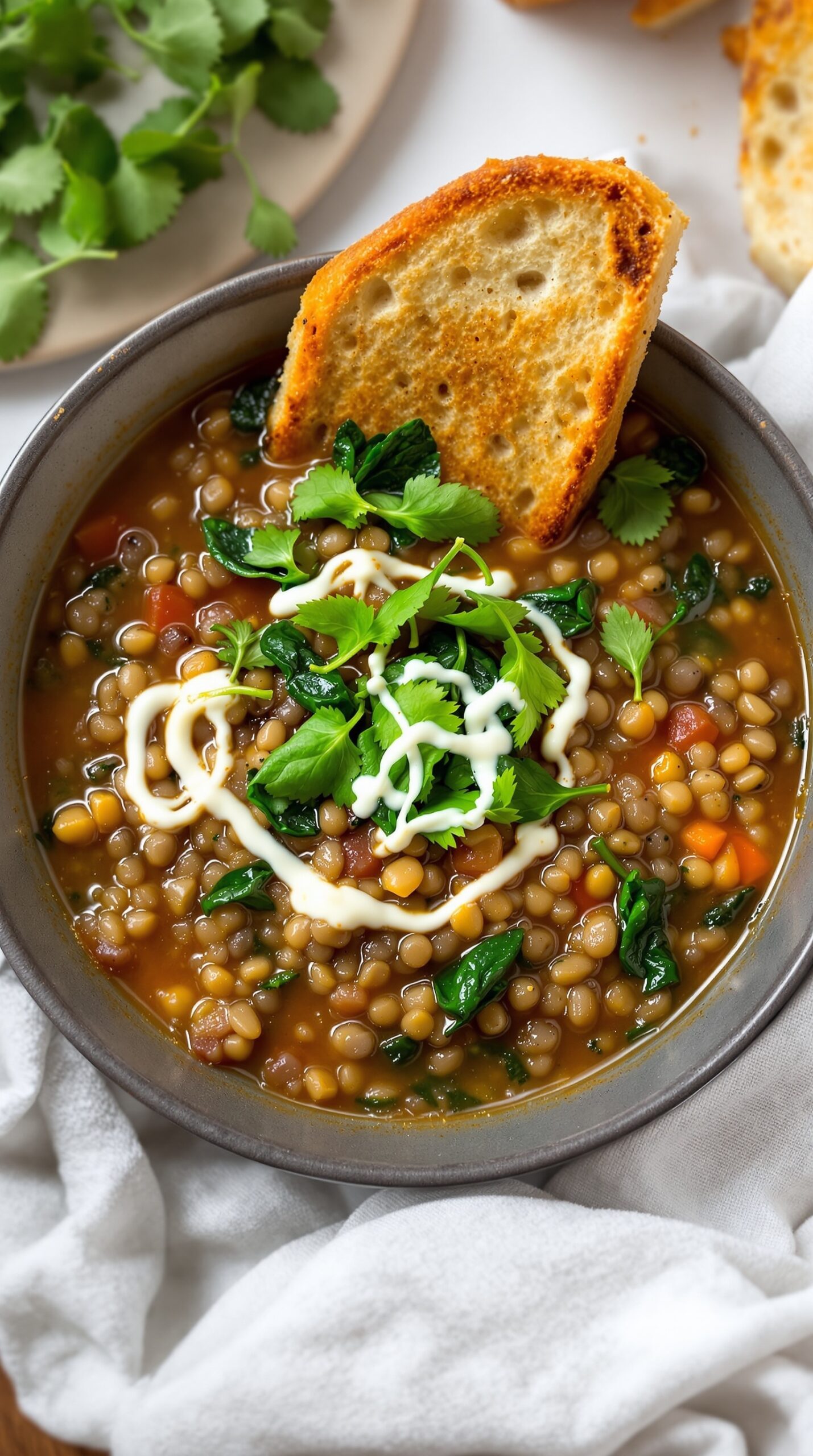 A bowl of lentil soup with spinach, garnished with herbs and served with toasted bread.