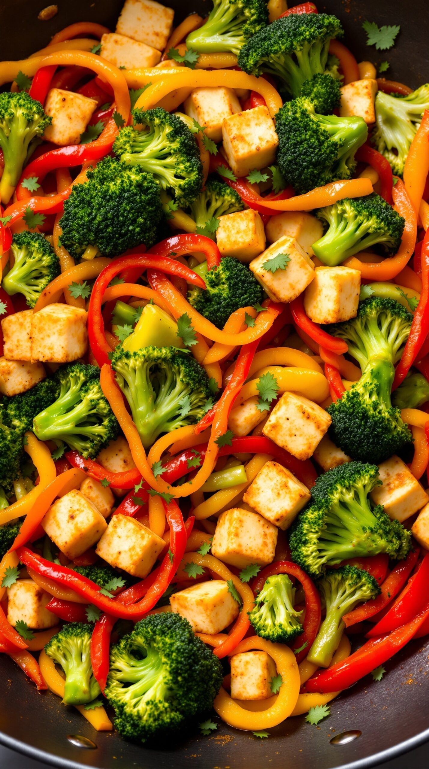 A colorful vegetable stir-fry with tofu, featuring broccoli, red and yellow bell peppers, and garnished with cilantro.