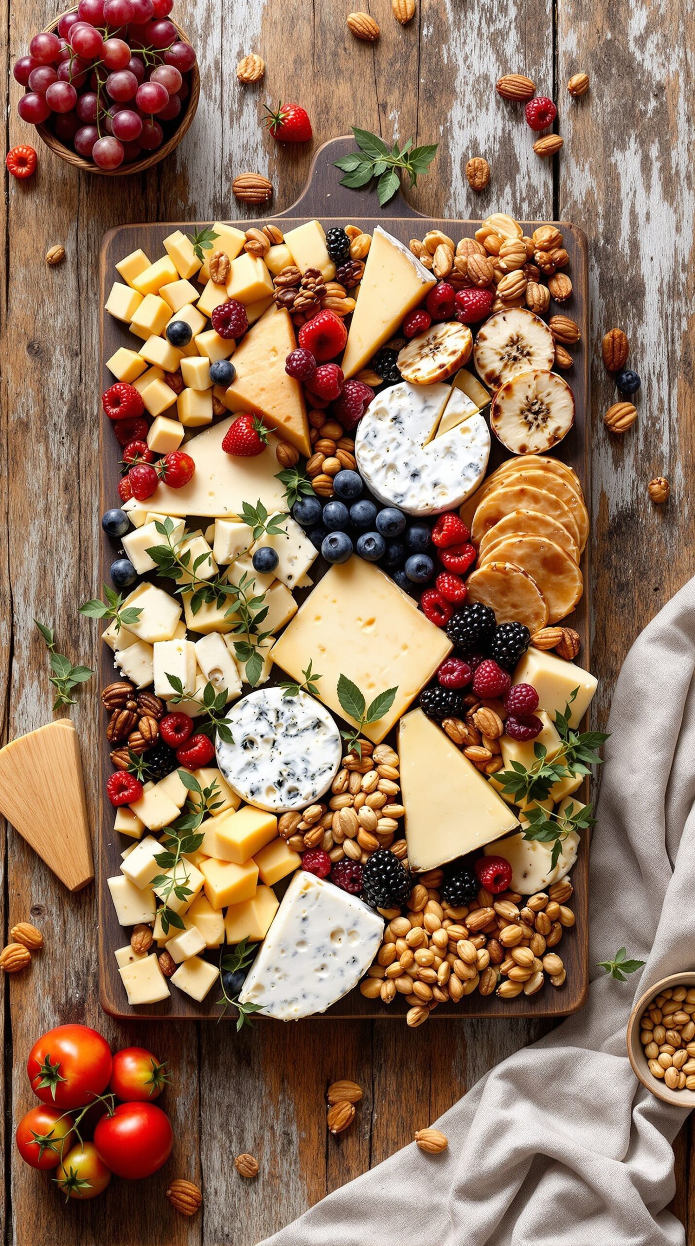 A beautifully arranged cheese board featuring various artisanal cheeses, fresh fruits, nuts, and crackers.