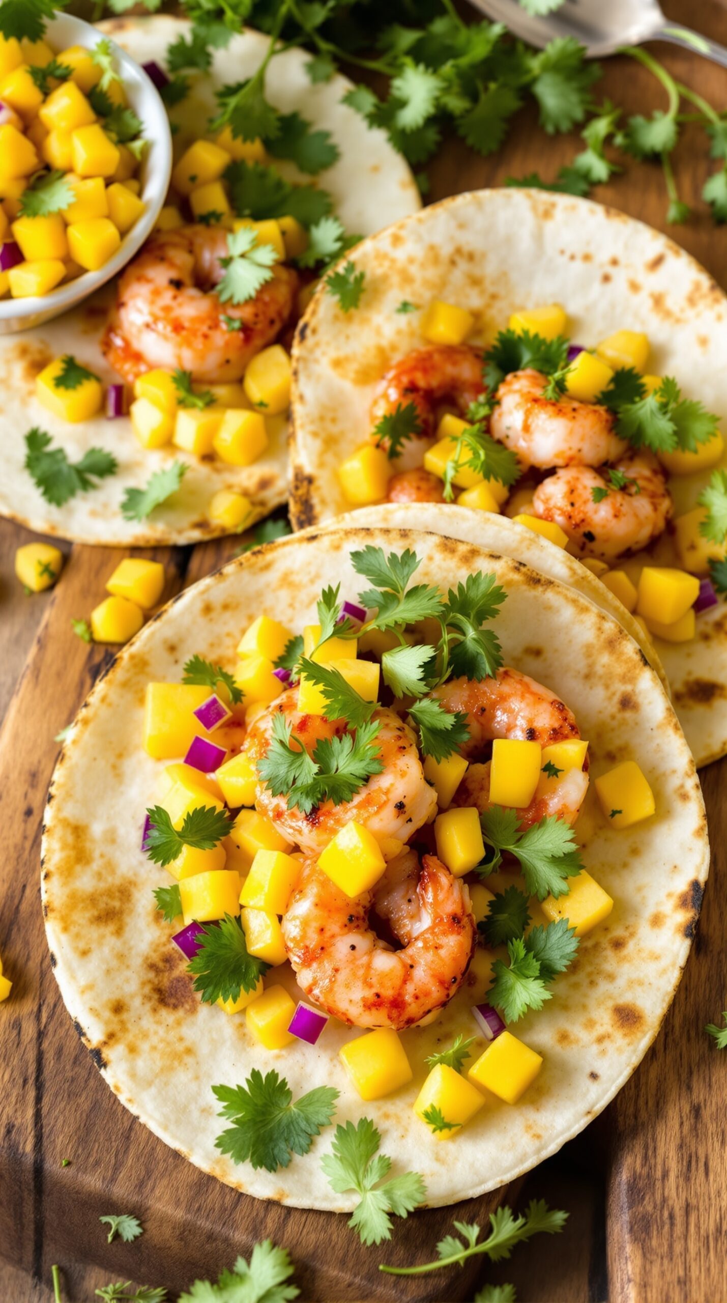 Shrimp tacos topped with mango salsa and cilantro on a wooden board