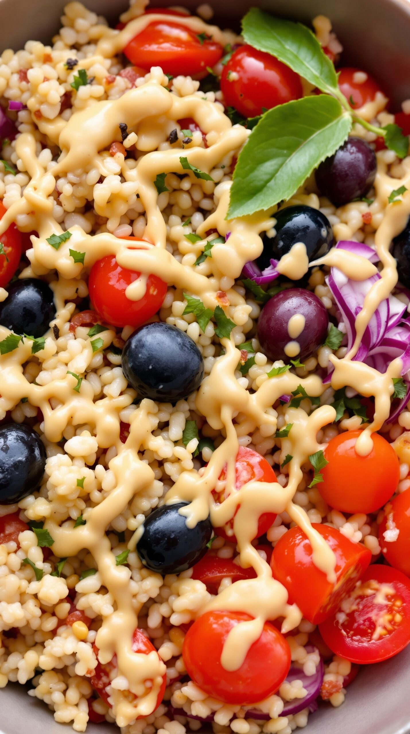 A colorful Mediterranean grain bowl with couscous, cherry tomatoes, olives, and tahini sauce.