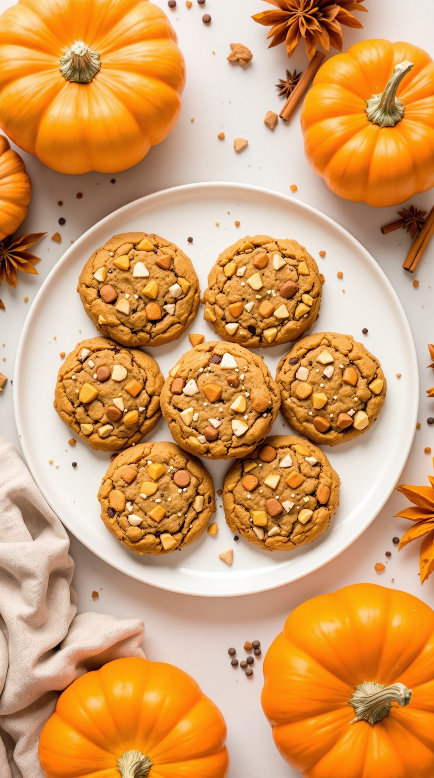 Vegan pumpkin cookies with chocolate and butterscotch chips, surrounded by pumpkins and autumn decorations.