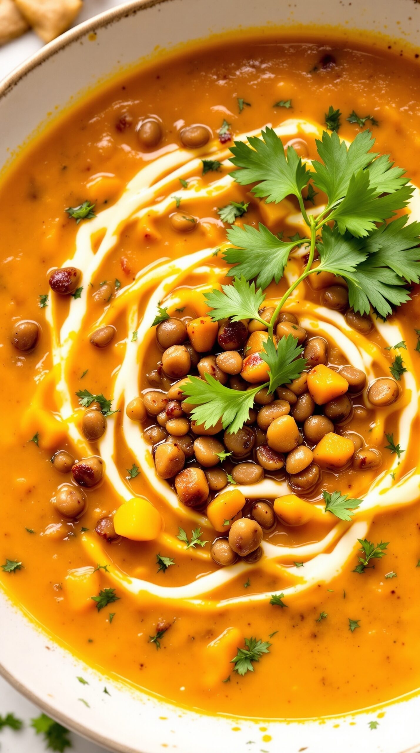 A bowl of vegan butternut squash soup topped with lentils and fresh herbs.