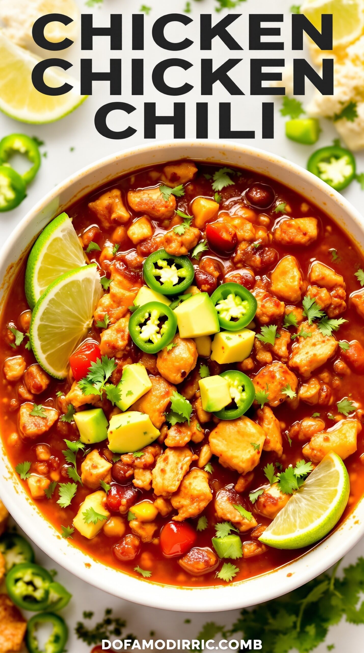 A bowl of spicy chicken chili topped with jalapeños, avocado, and lime slices.