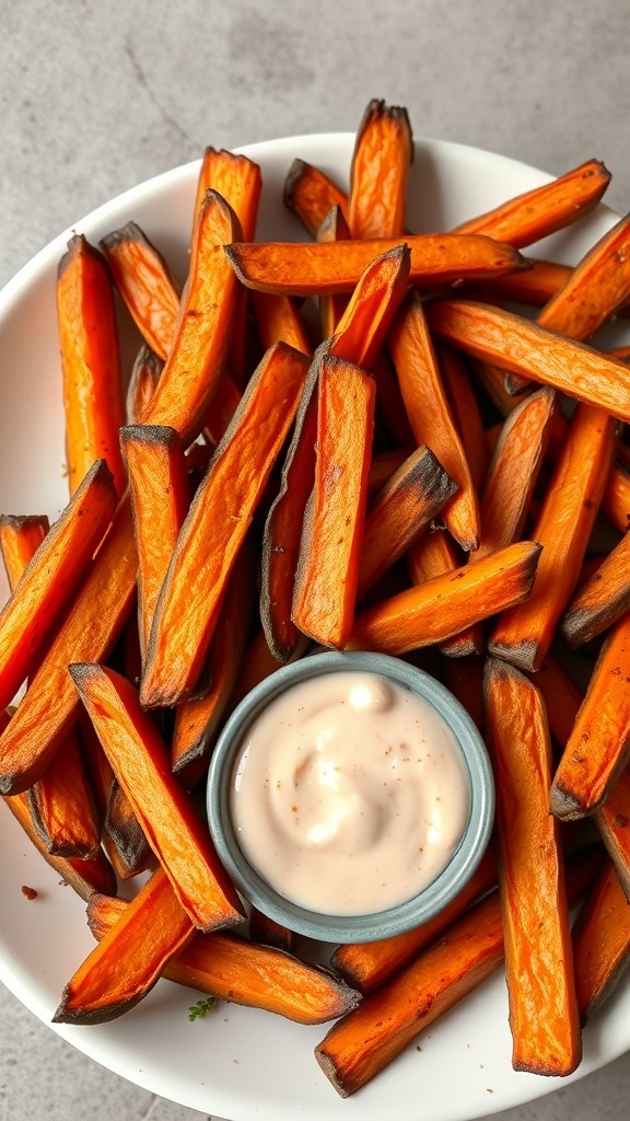 A plate of crispy baked sweet potato fries with a small bowl of dipping sauce