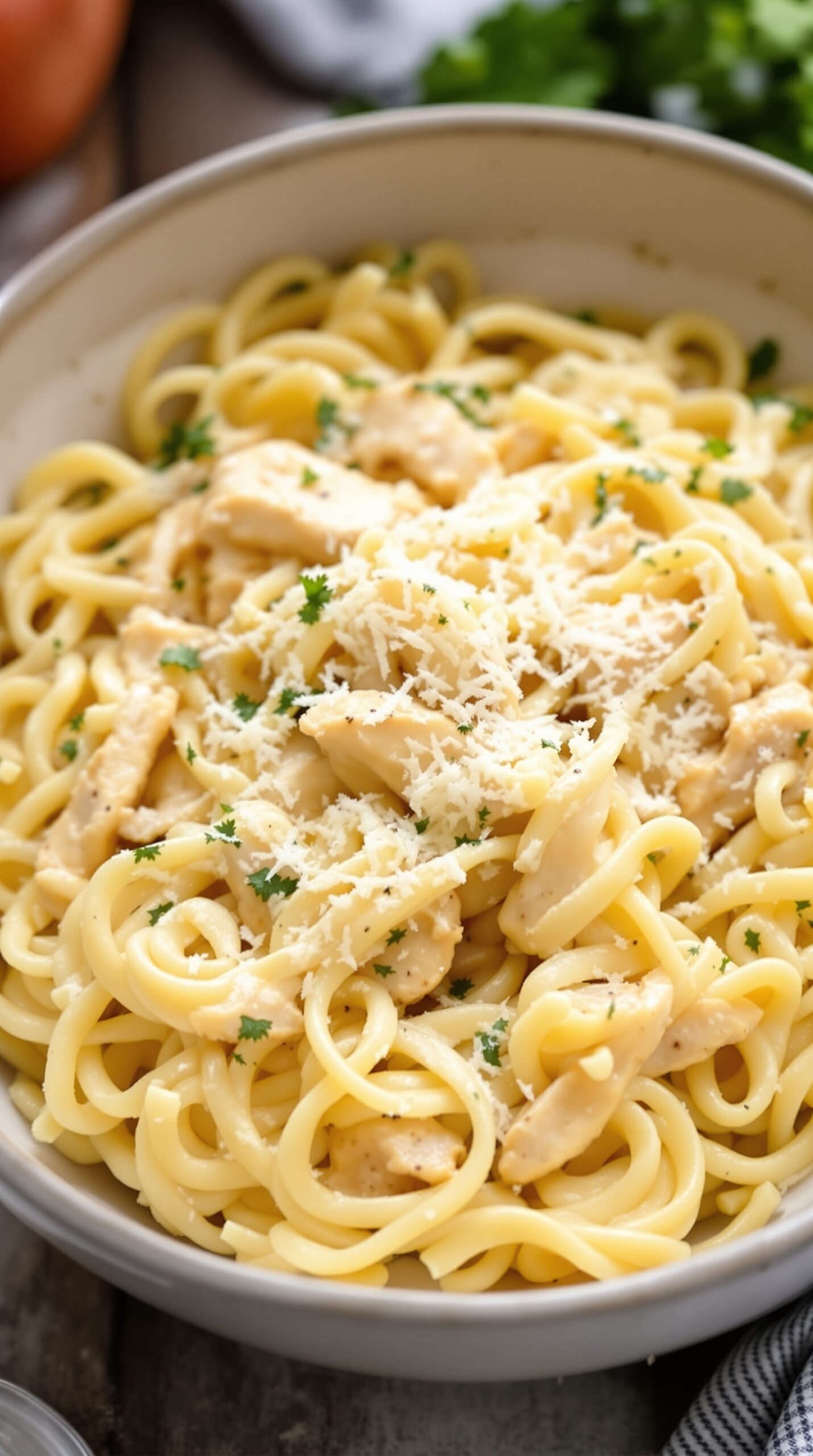 A bowl of Chicken Alfredo Pasta topped with parsley and grated cheese.