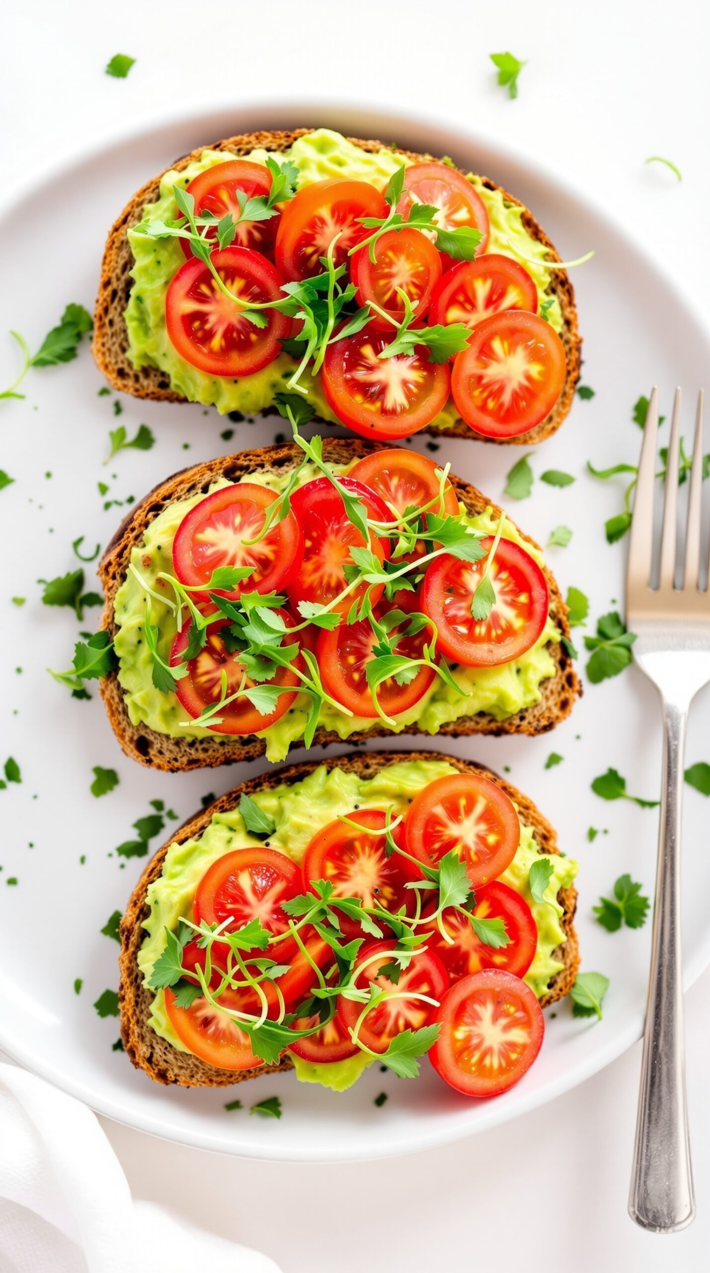 Avocado toast topped with cherry tomatoes and herbs on a white plate.