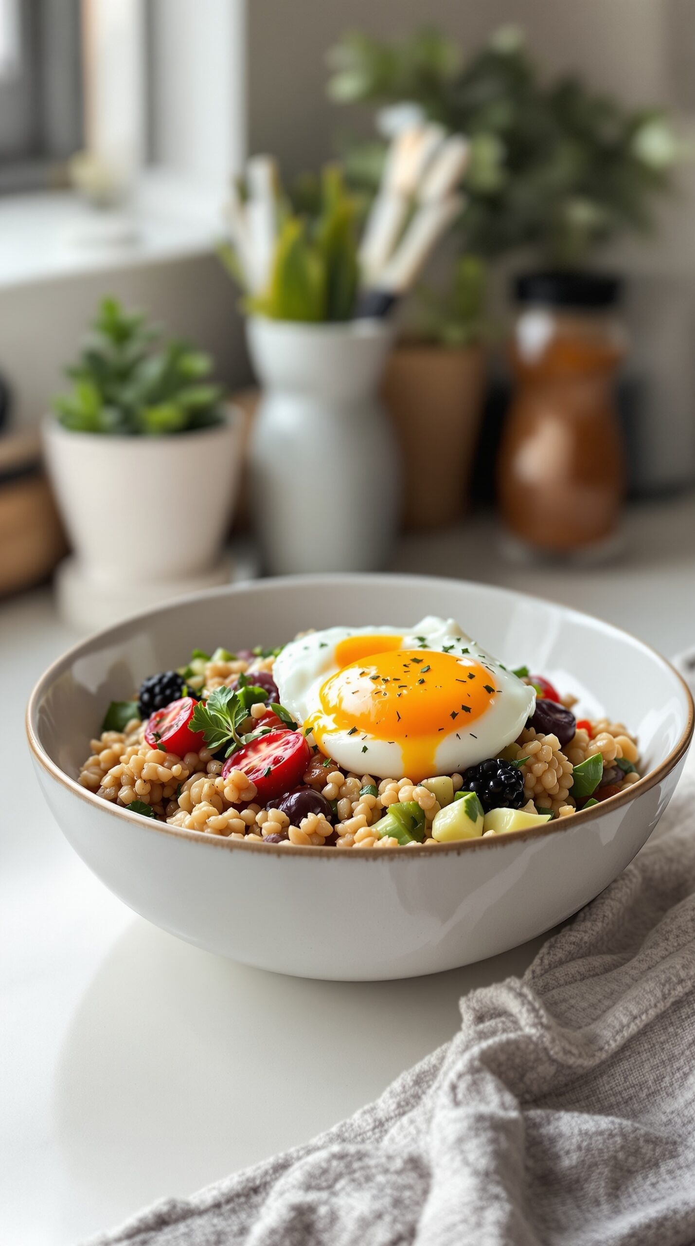 A savory breakfast bowl featuring grains, fresh vegetables, and a poached egg.