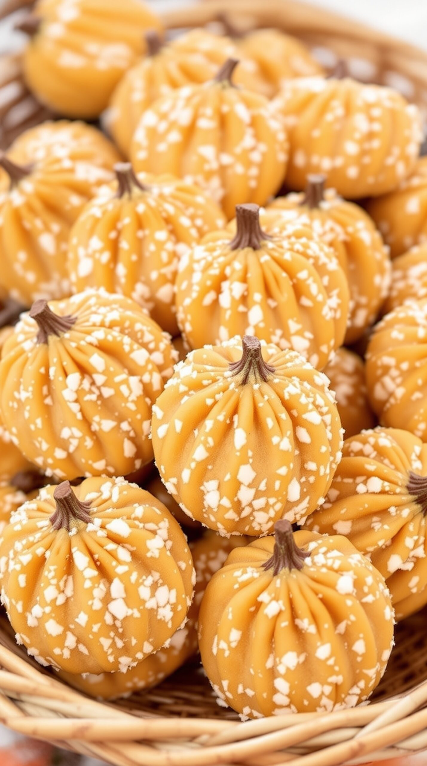 A basket filled with mini pumpkin cookies shaped like pumpkins, decorated with white chocolate and sprinkles.