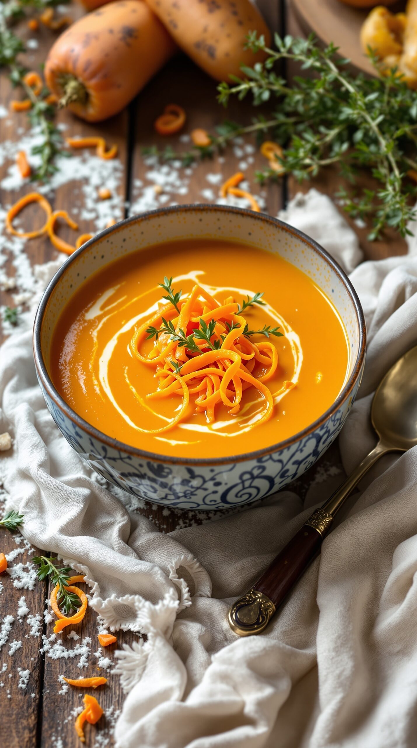 A bowl of butternut squash and carrot soup garnished with herbs and swirls of cream.