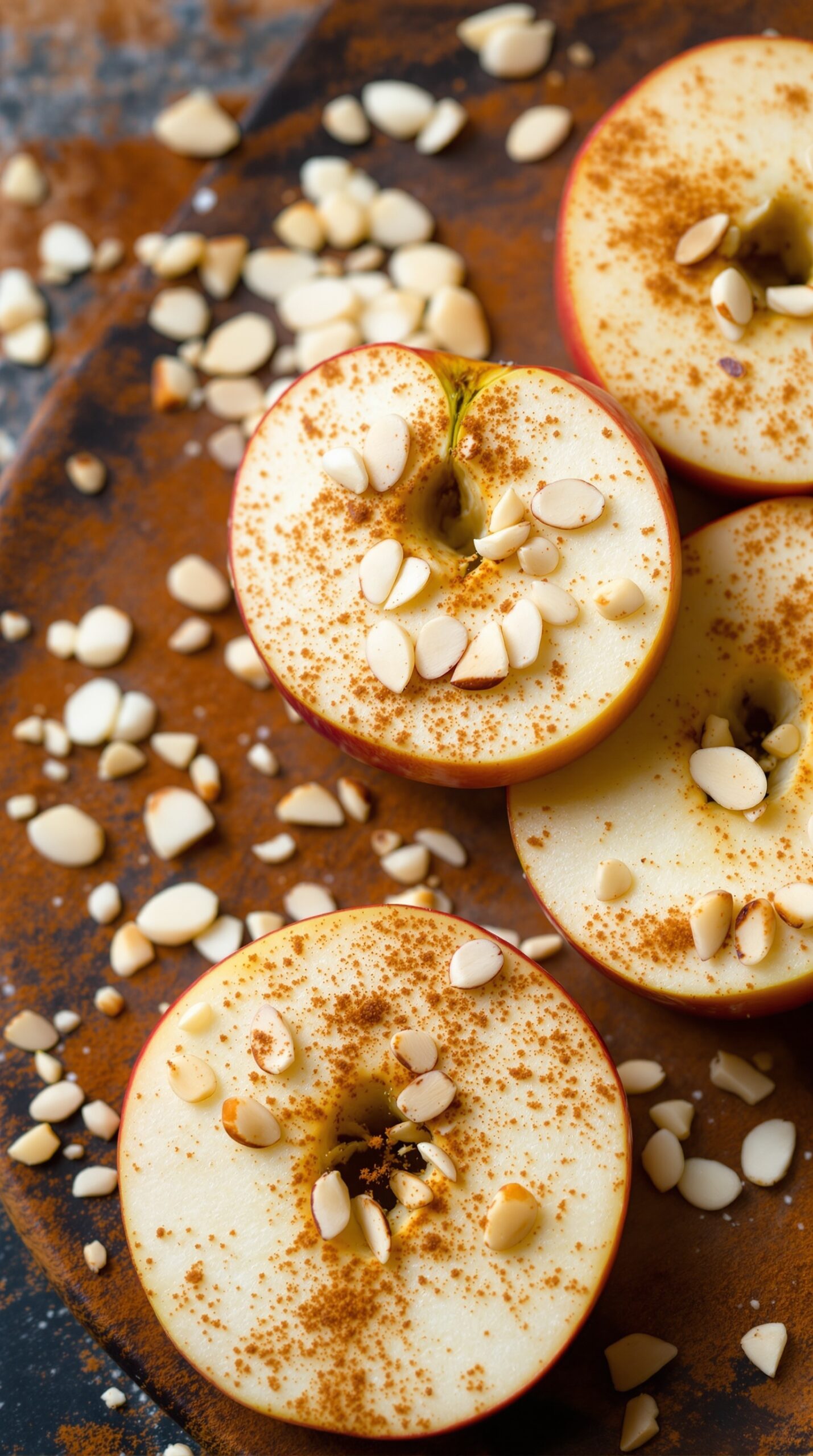 Apple slices topped with cinnamon and almonds on a wooden board.