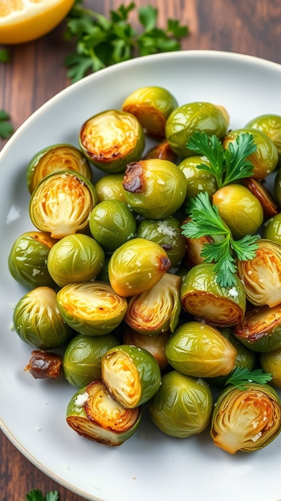 A plate of garlic Parmesan roasted Brussels sprouts garnished with parsley.