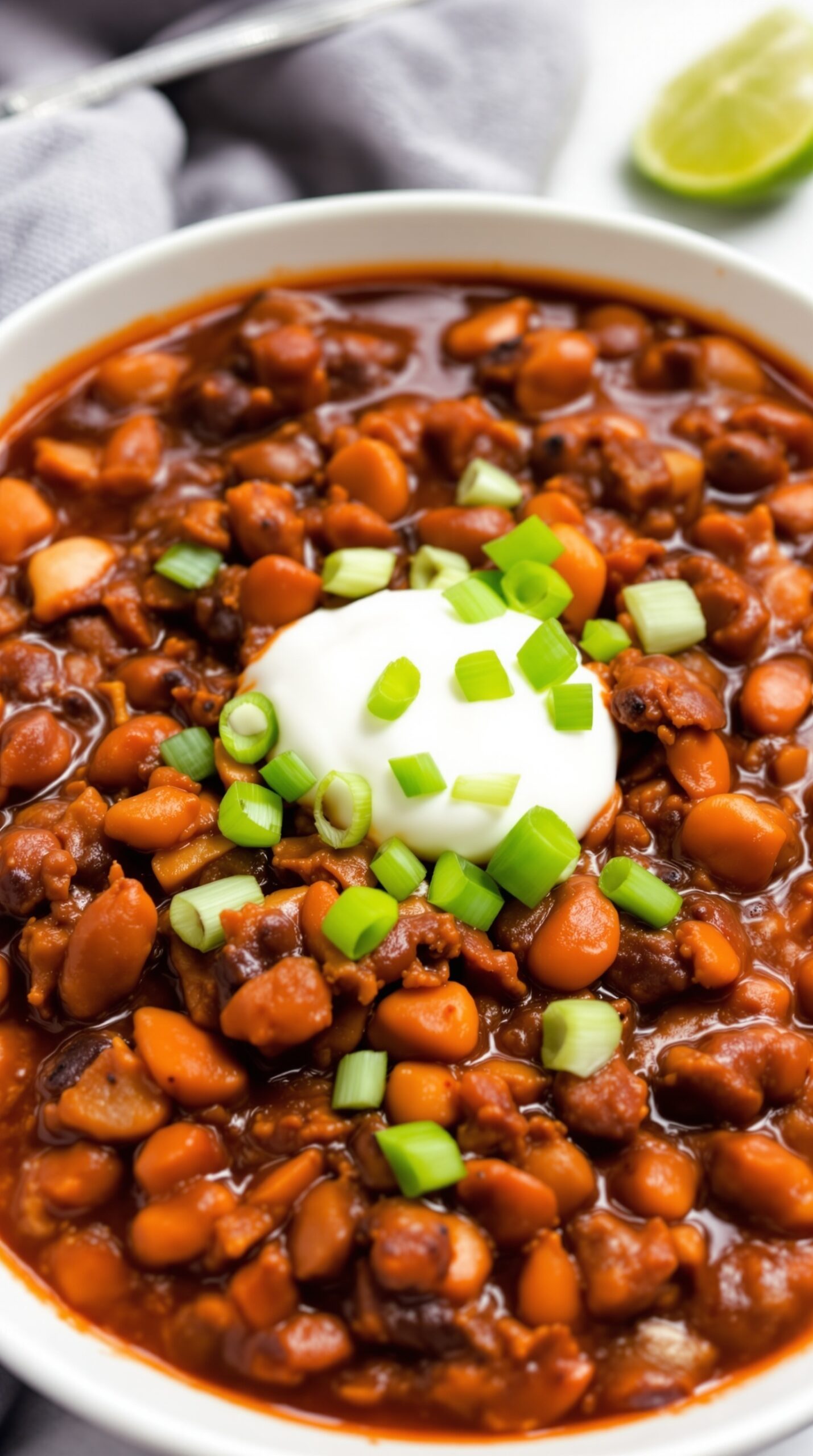 A bowl of smoky chipotle chili topped with sour cream and green onions