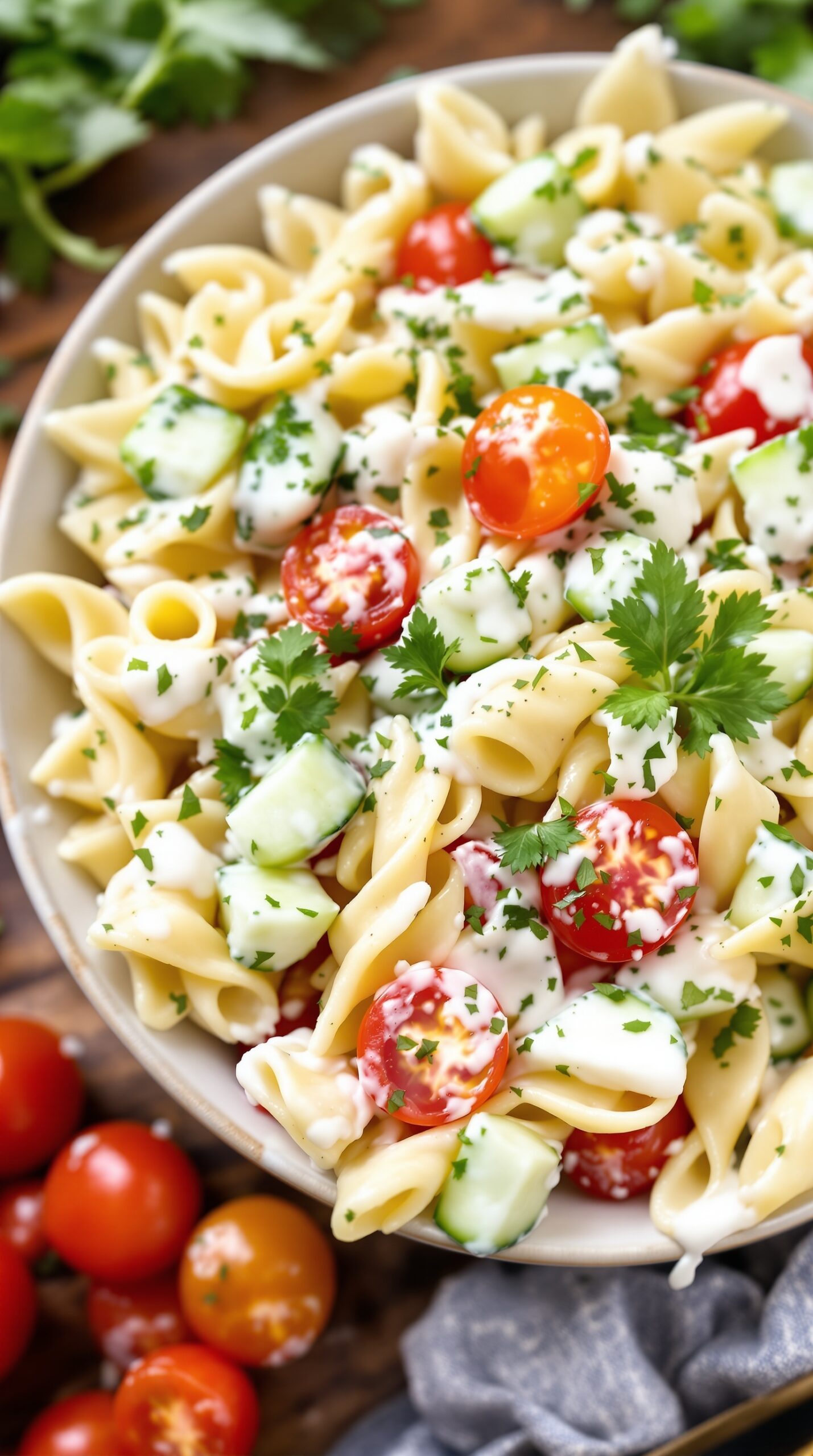 A bowl of creamy ranch pasta salad with cherry tomatoes, cucumber, and parsley.