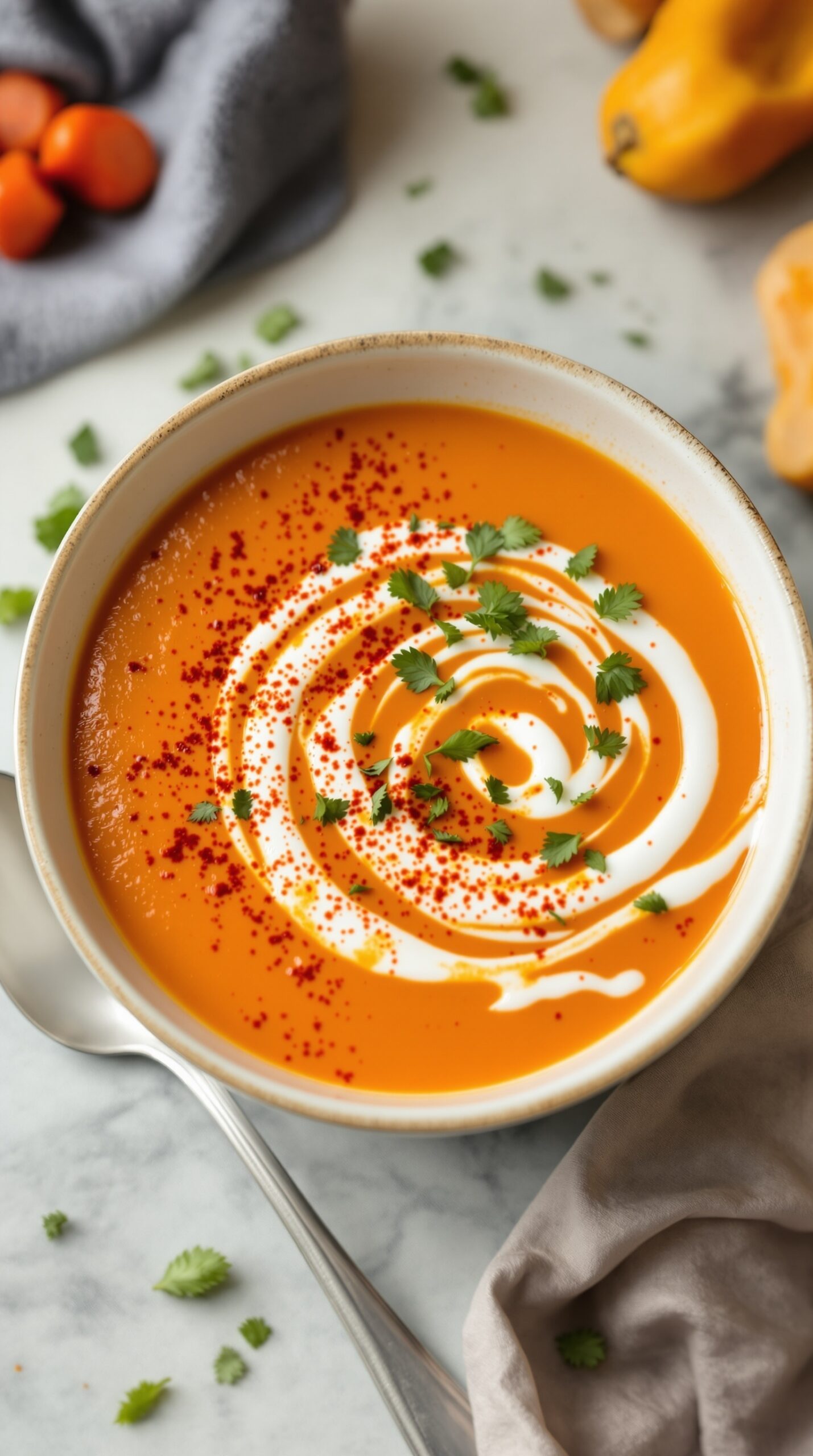 A bowl of smoky butternut squash soup topped with cream, paprika, and cilantro.