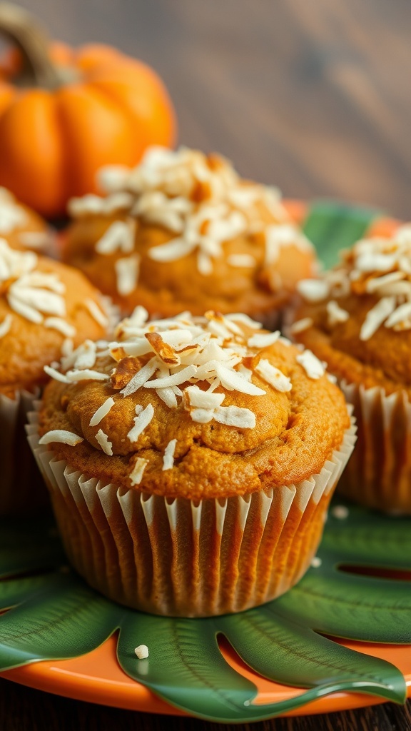 Pumpkin muffins topped with coconut flakes on a leaf-patterned plate, with a small pumpkin in the background.