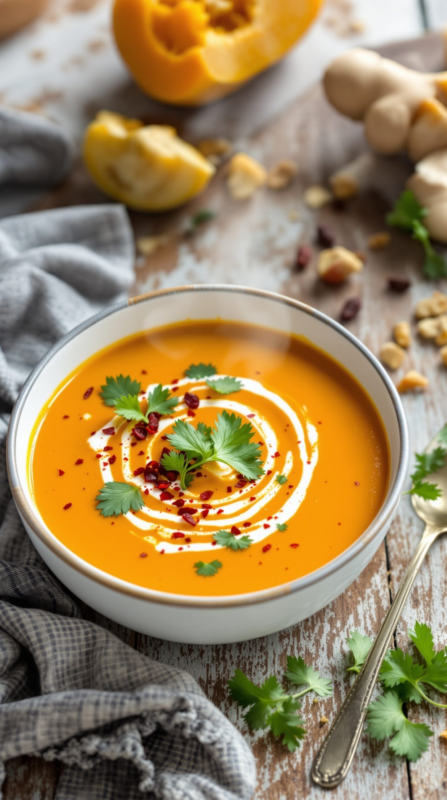 A bowl of spicy butternut squash soup garnished with cilantro and red pepper flakes, with a halved butternut squash and ginger in the background.