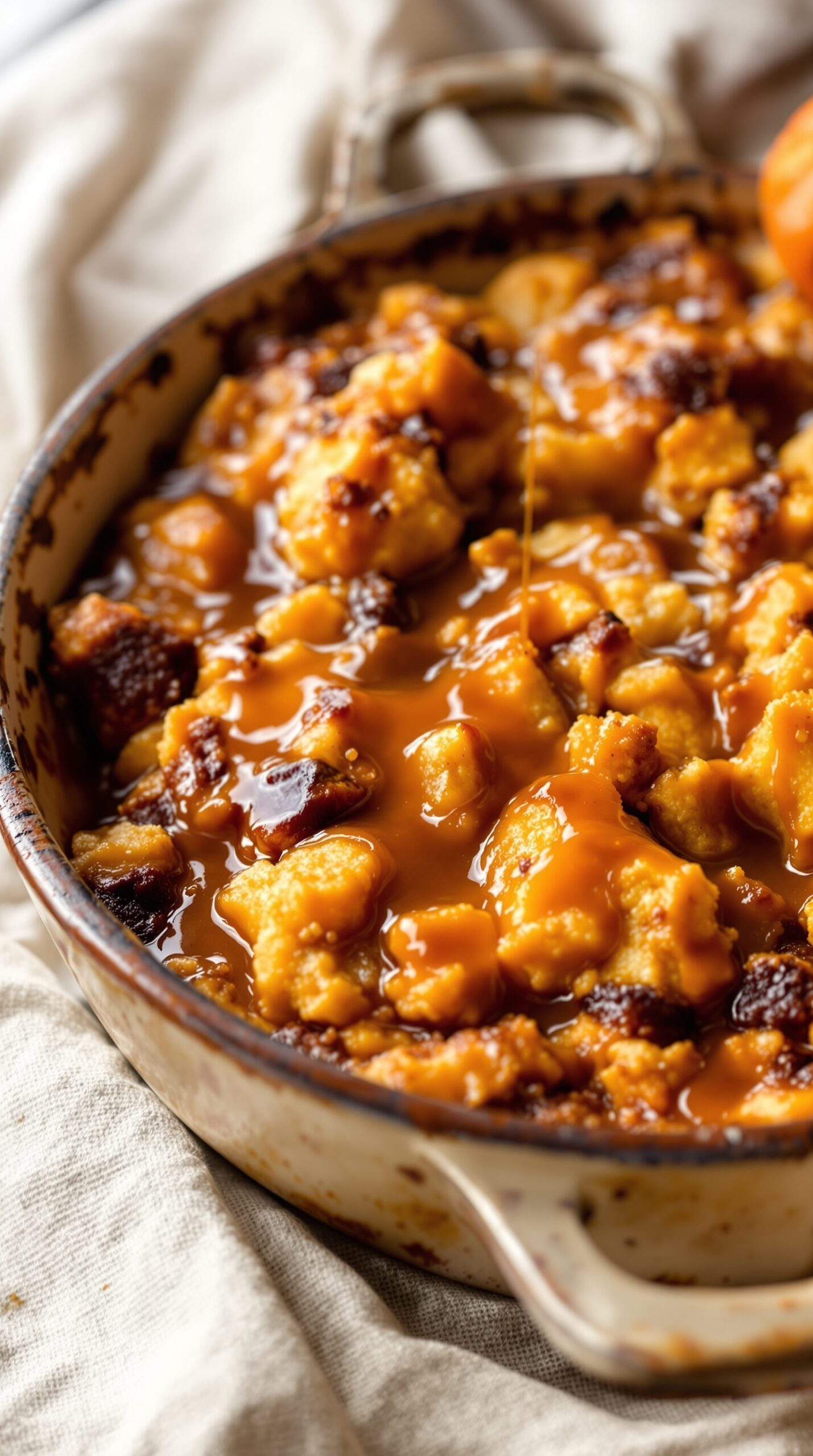 Delicious pumpkin bread pudding with caramel sauce