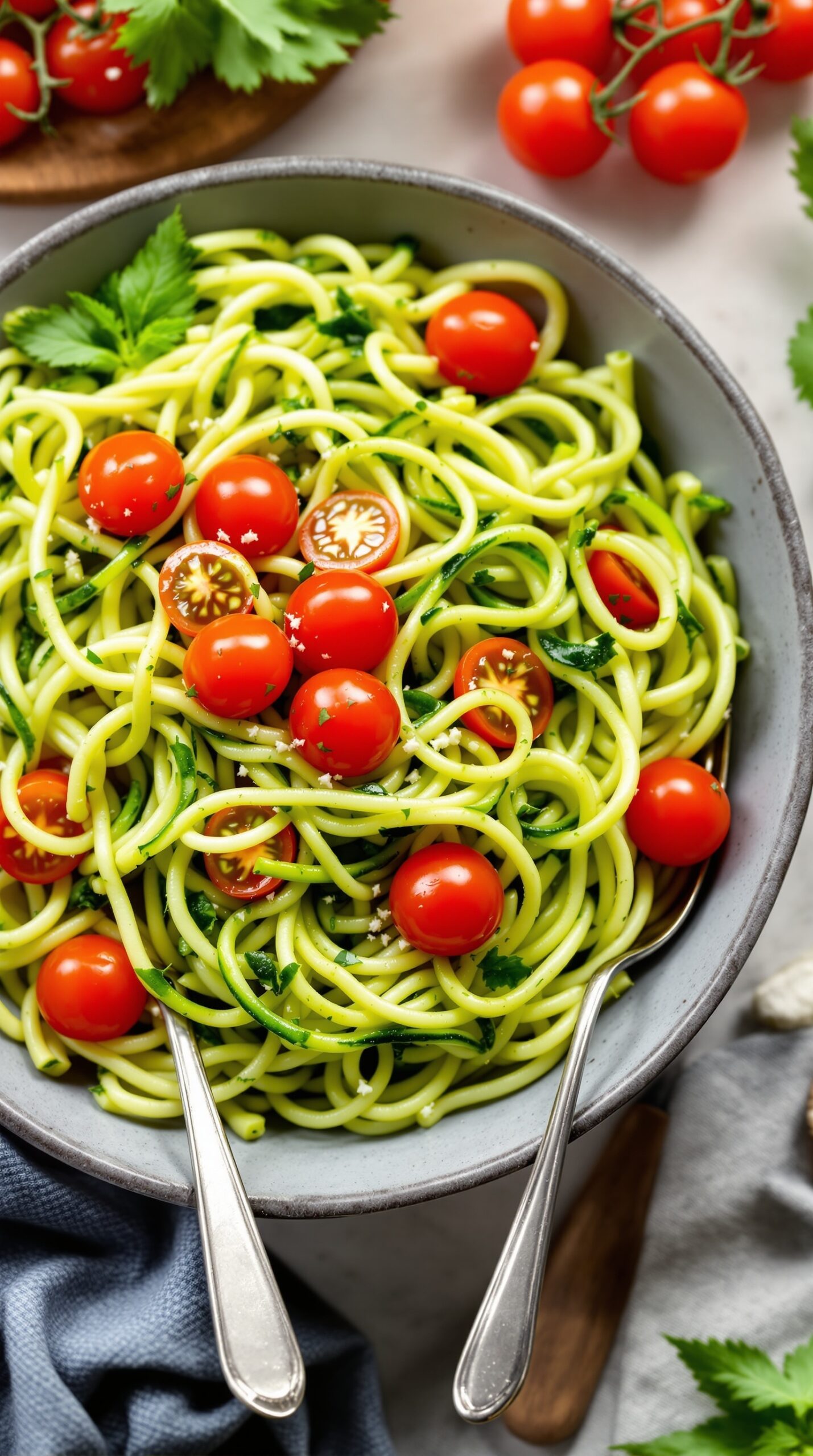 A bowl of zucchini noodles topped with cherry tomatoes and pesto
