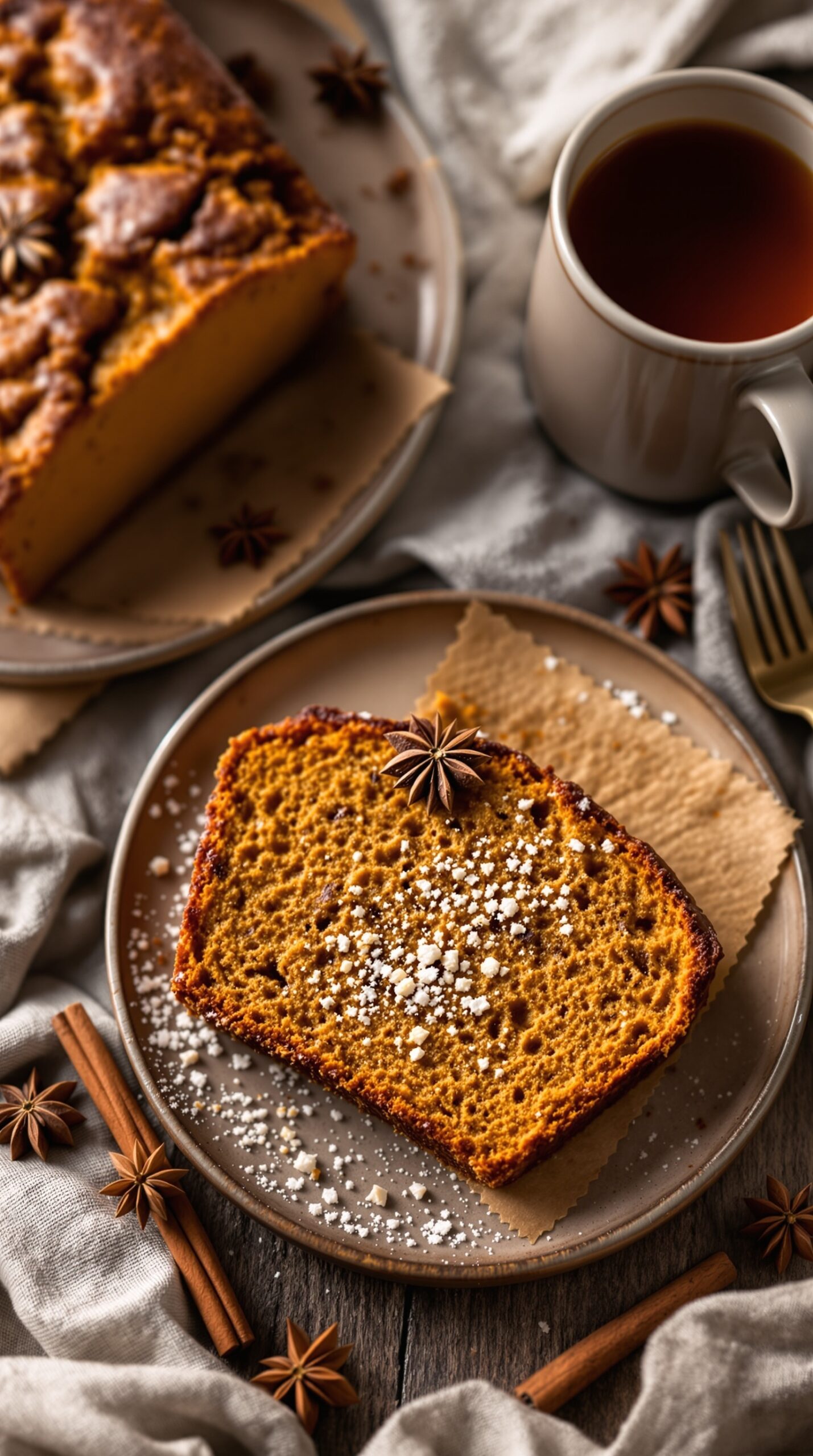 A slice of chai-spiced pumpkin bread on a plate, garnished with powdered sugar and star anise, with a cup of tea in the background.