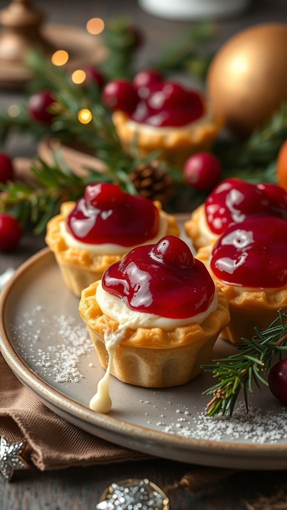 Cranberry Brie Bites on a plate, garnished with herbs and surrounded by festive decorations.