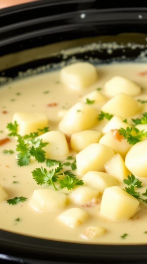 A slow cooker filled with creamy potato soup topped with parsley and chunks of potatoes.
