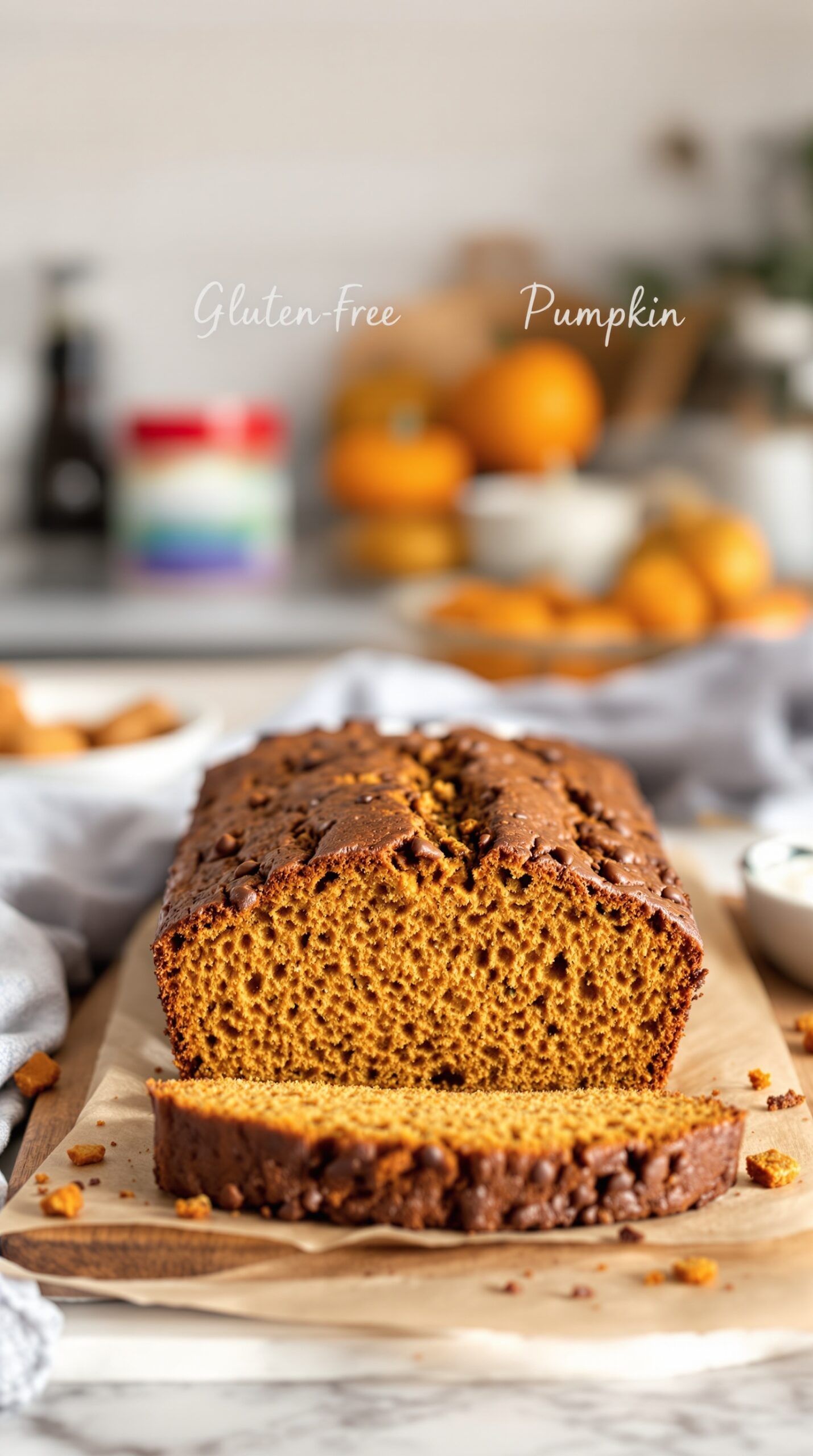 A loaf of gluten-free pumpkin bread, sliced to show its moist interior, with pumpkins in the background.