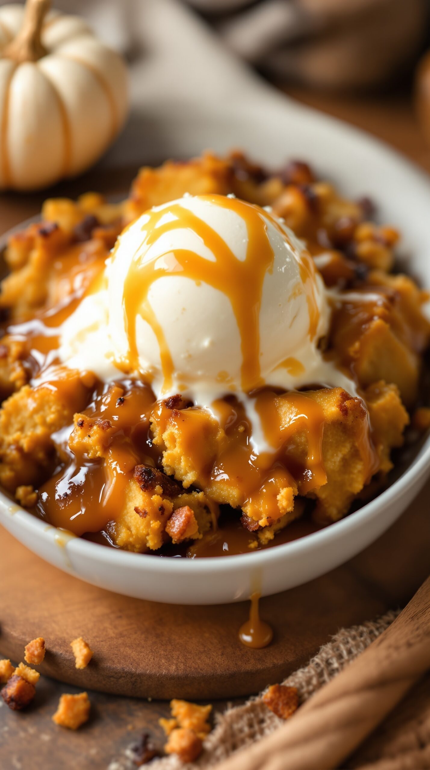 A bowl of pumpkin bread pudding topped with vanilla ice cream and caramel sauce, with a small pumpkin in the background.