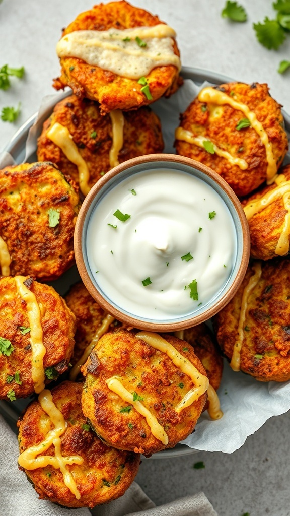 A plate of golden zucchini fritters drizzled with sauce, served with a bowl of tzatziki sauce.