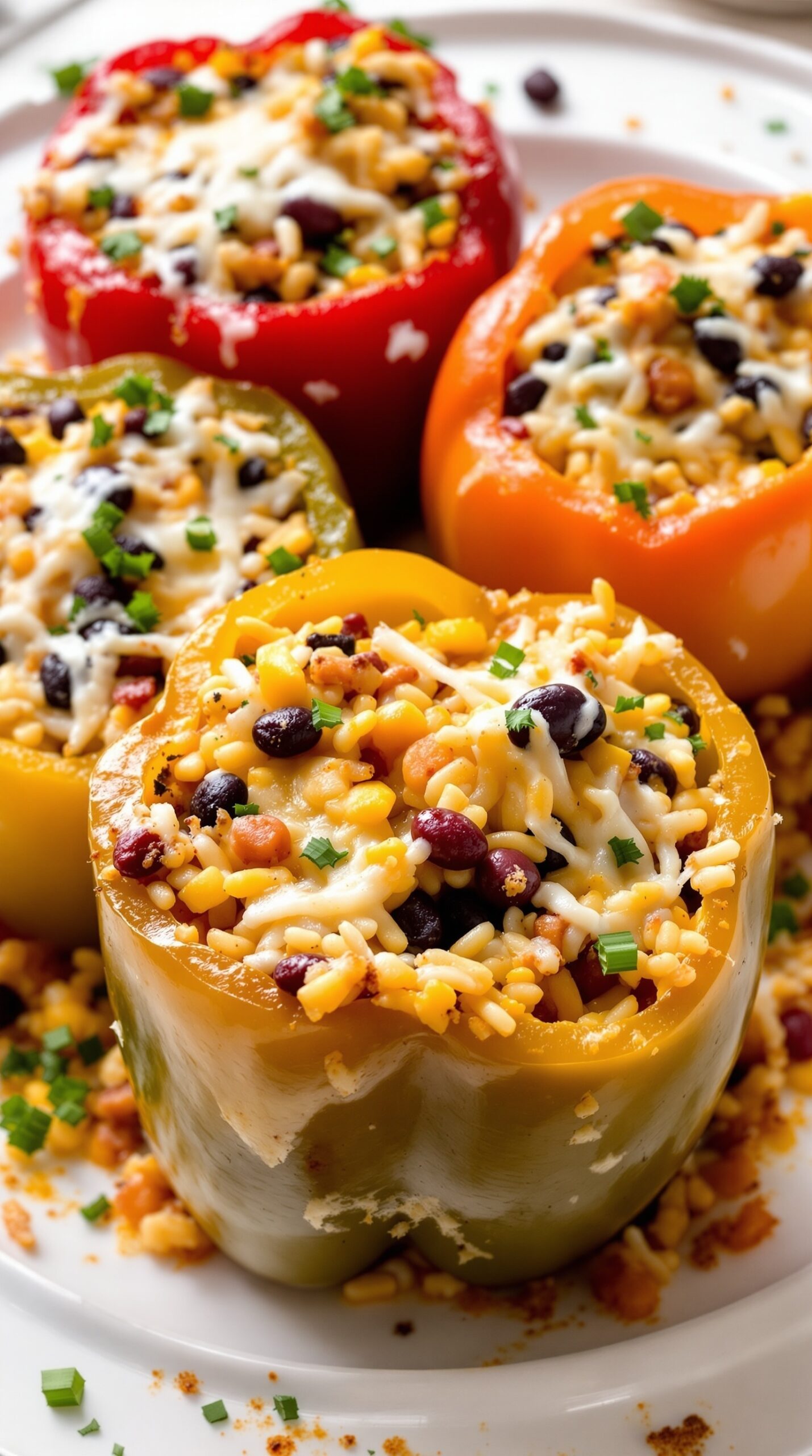 Colorful stuffed bell peppers filled with rice, beans, and cheese