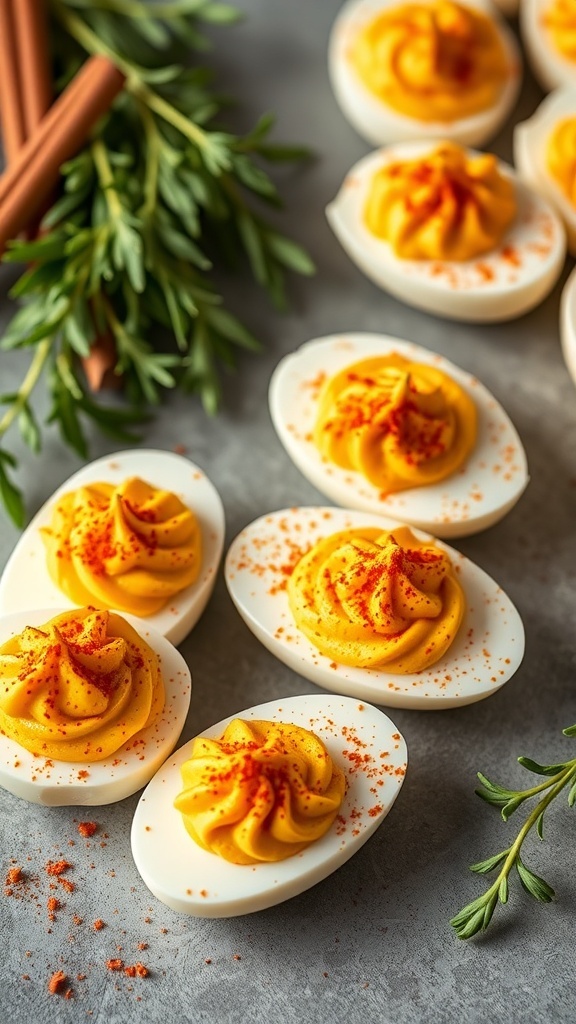 Pumpkin Spice Deviled Eggs garnished with paprika and herbs