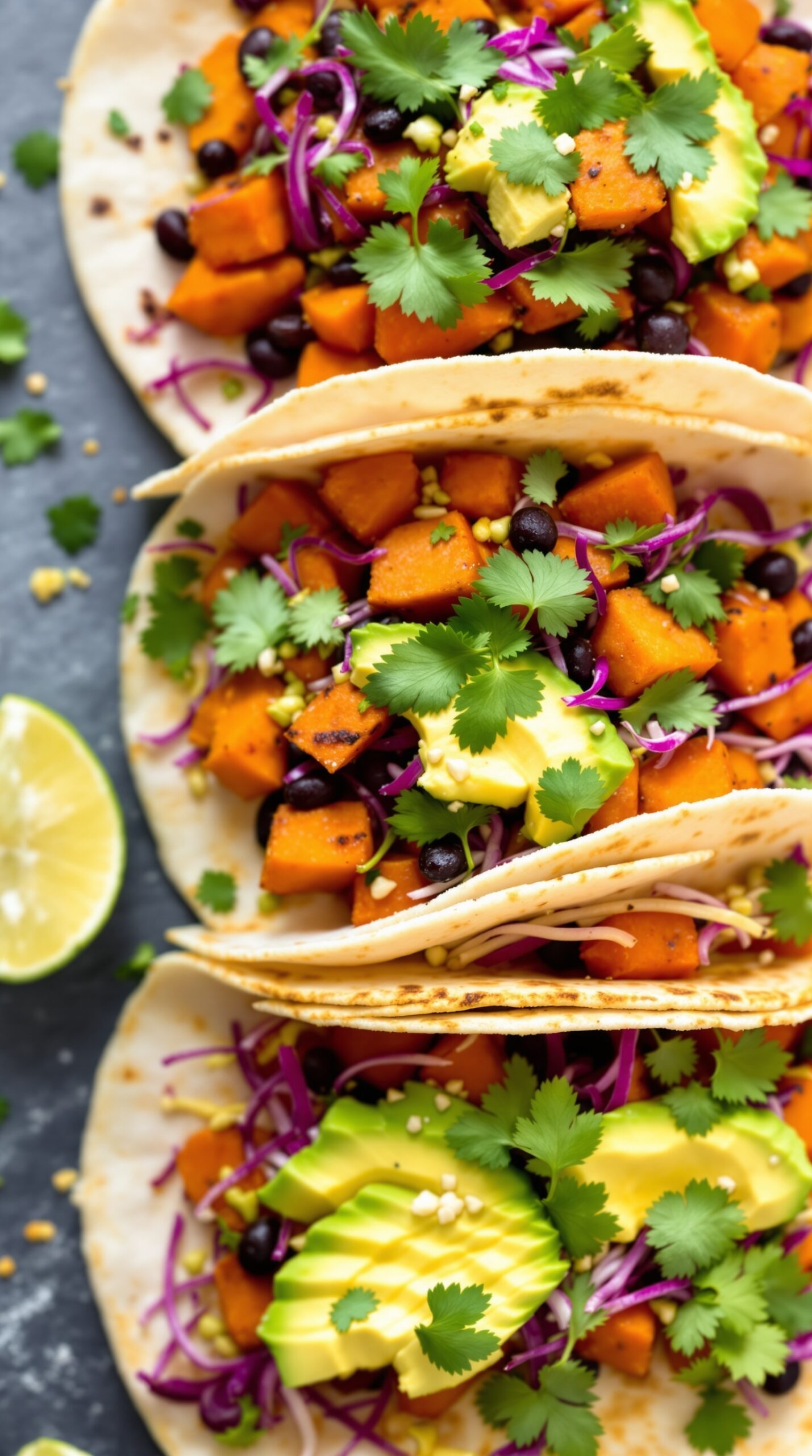 Sweet potato and black bean tacos topped with avocado and cilantro