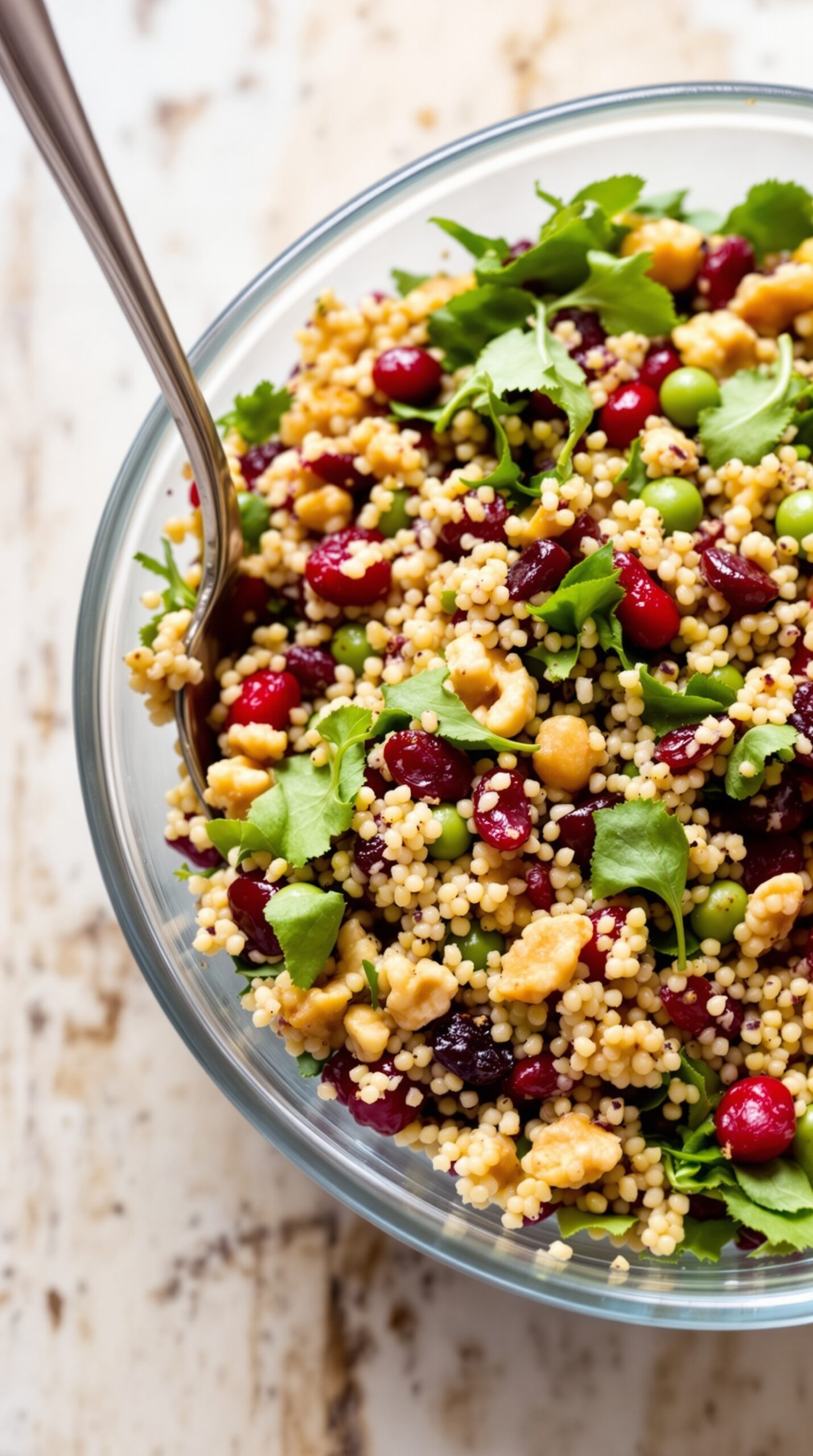 A colorful bowl of cranberry and walnut quinoa salad with fresh greens.
