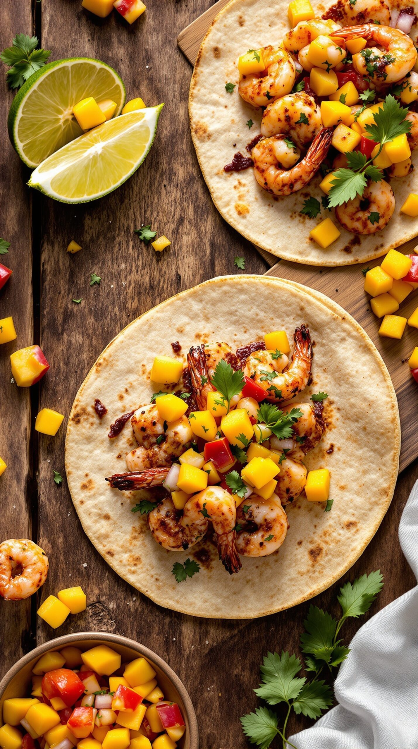 Spicy shrimp tacos with mango salsa on a wooden table