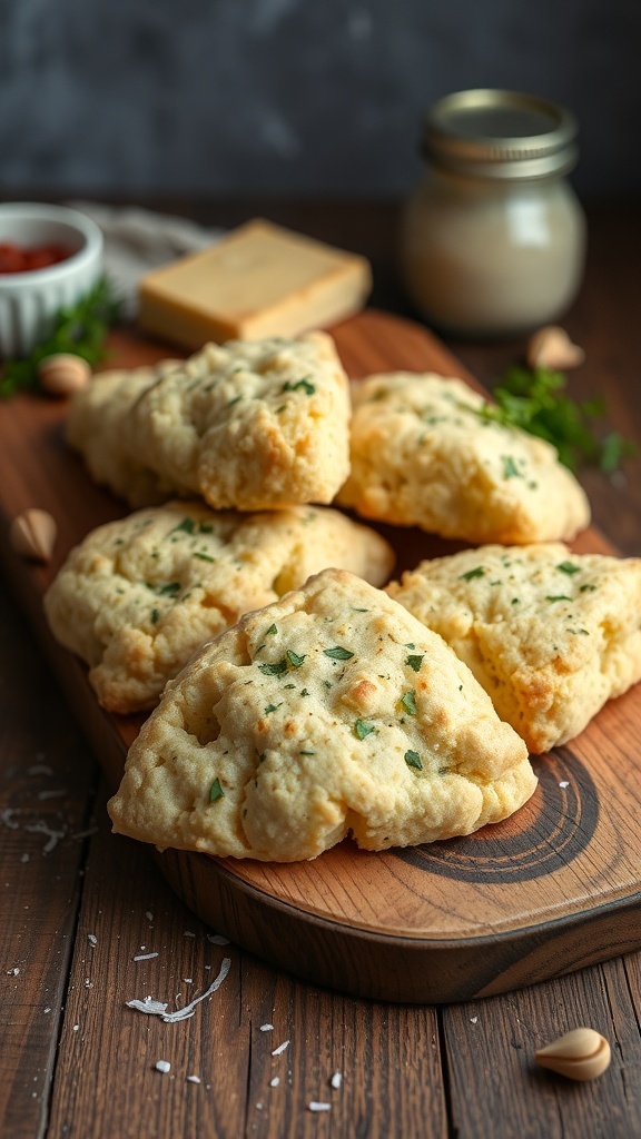 Savory cheese and herb scones on a wooden board